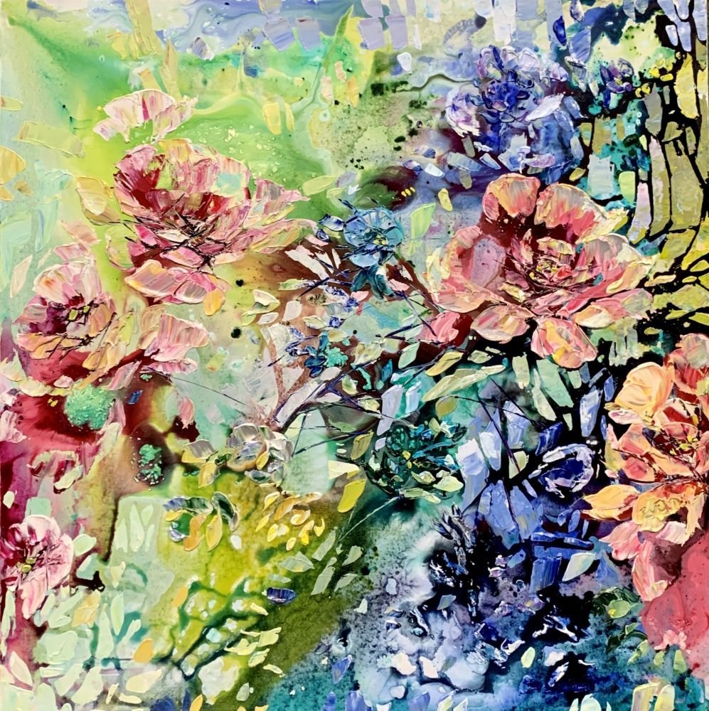 Abstract painting of colorful flowers including pink, blue, purple, and yellow hues with vibrant and bold brushstrokes.