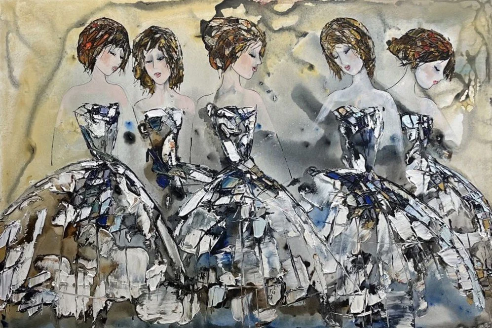 Abstract watercolor artwork of five women in vintage dresses with patterned skirts and elegant hairstyles, standing side by side.