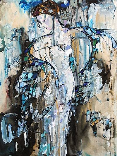 Abstract painting of a woman with a flowing dress, surrounded by splashes of blue, black, and beige colors.