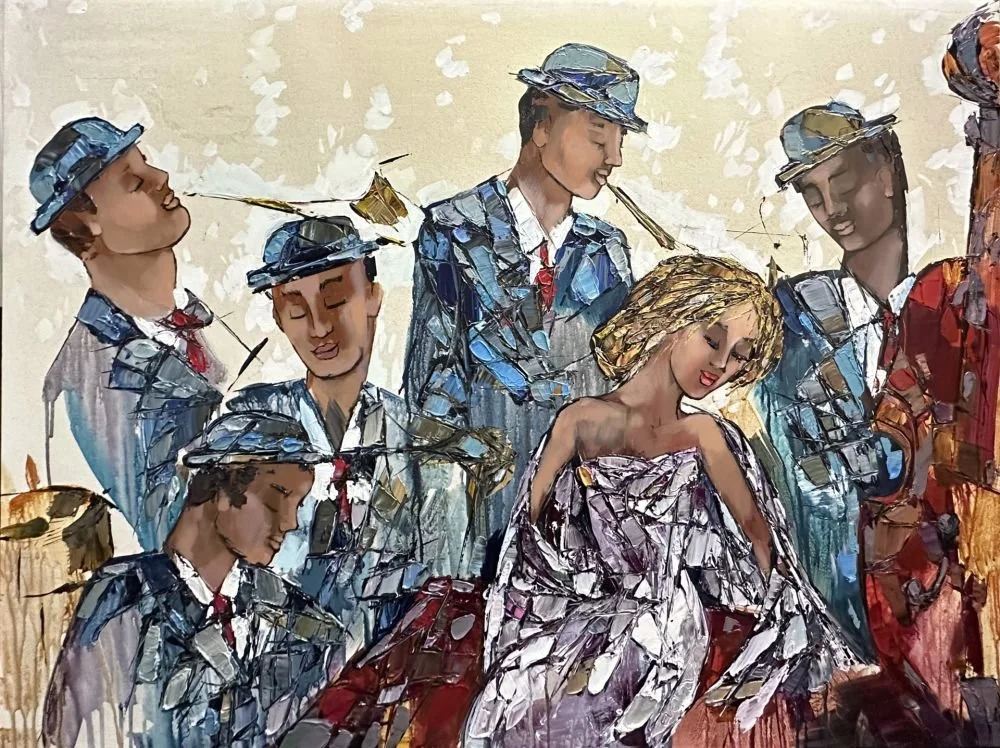 A painting of a woman surrounded by five young men, all dressed in vintage-style suits and hats, with the woman in an ornate dress, smiling with her eyes closed.