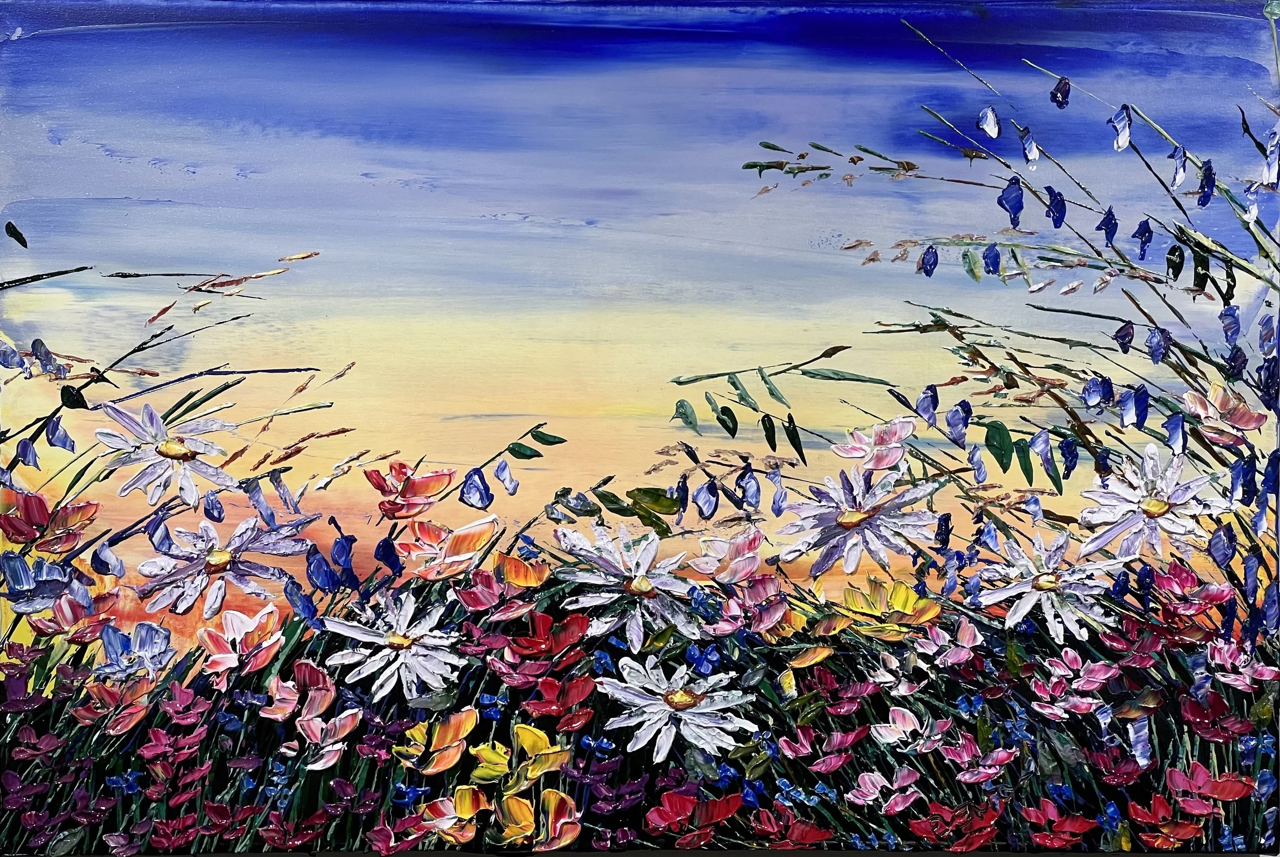 A vibrant abstract painting of flowers with a colorful sky background, featuring a mix of blues, pinks, purples, and yellows.