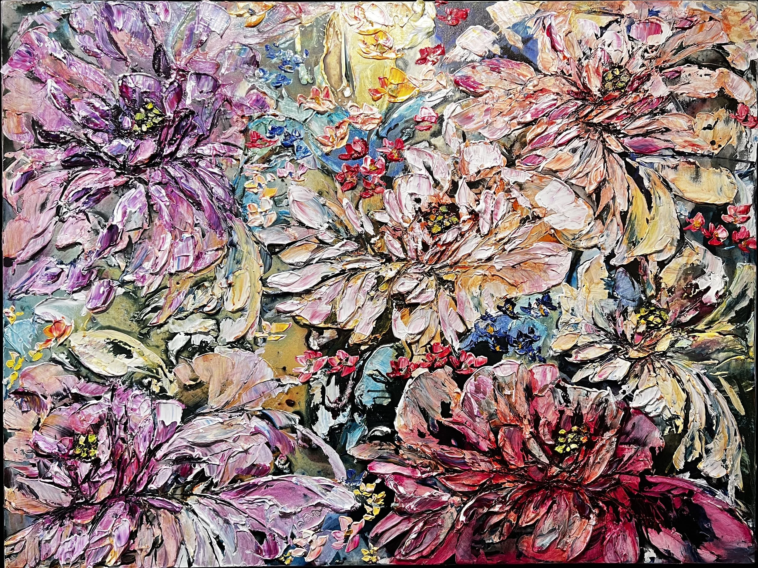An abstract floral painting featuring large, colorful petals in shades of pink, purple, red, yellow, and white, with a textured, impasto style.