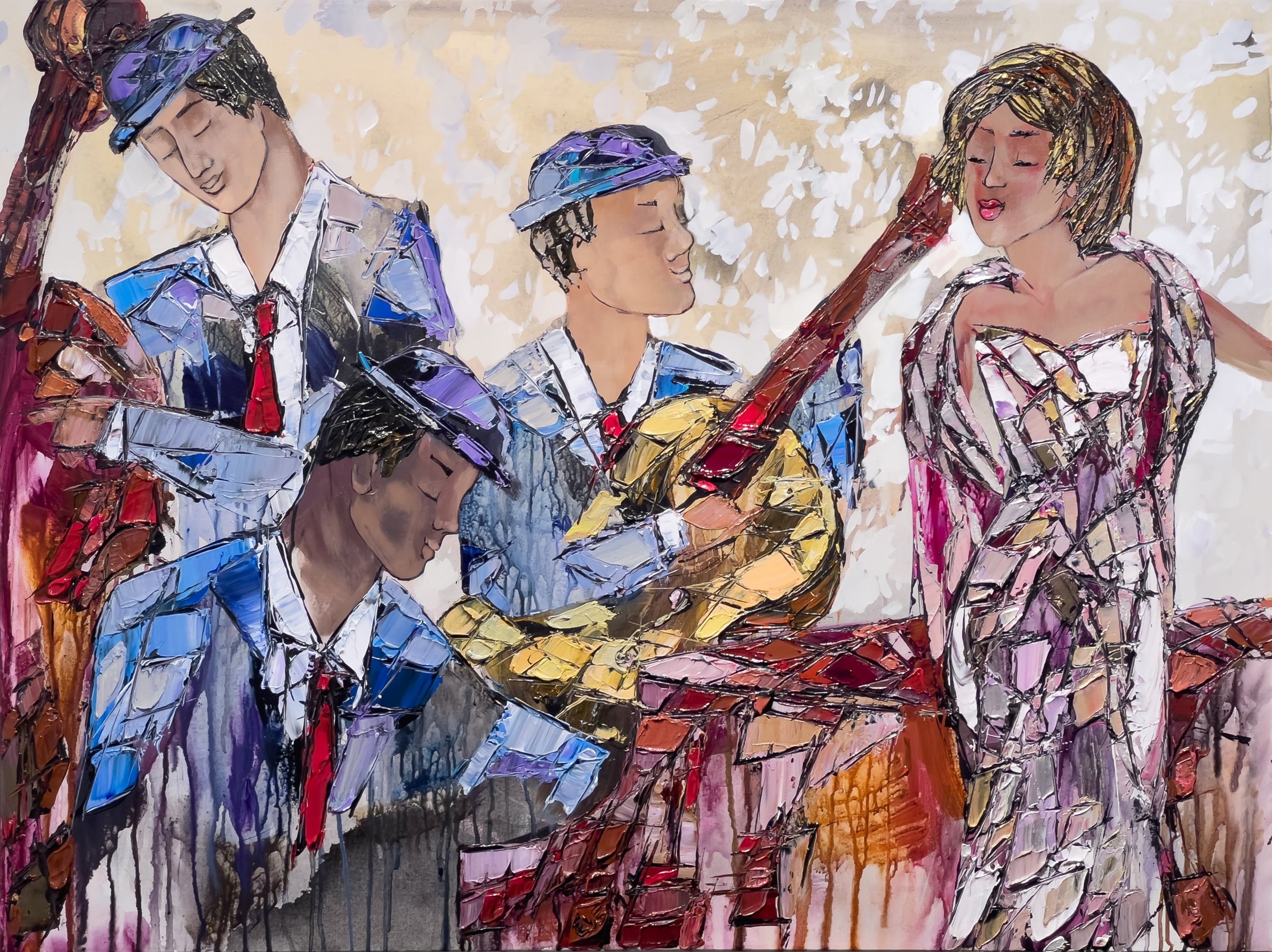 Colorful abstract painting of four people, two men and two women, dressed in vintage clothing, engaging in conversation, set against a textured background.