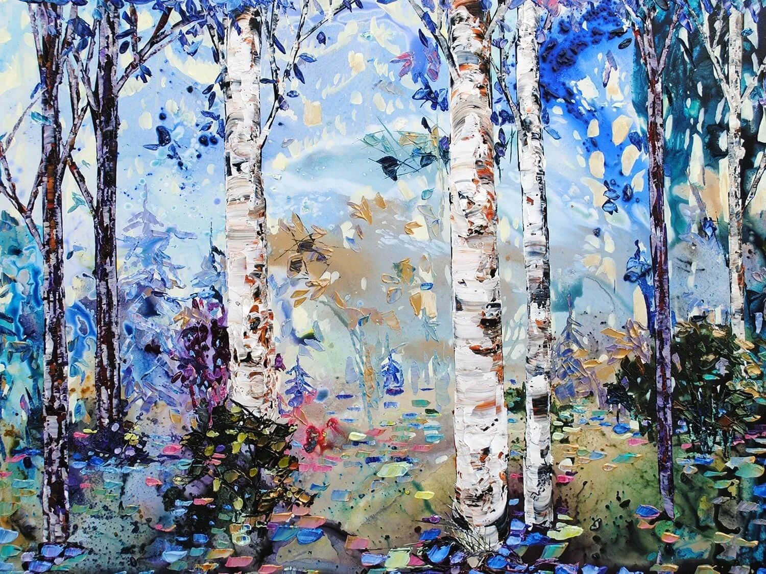 A colorful watercolor painting of a forest scene with tall, white-barked trees, various foliage, and a misty background.