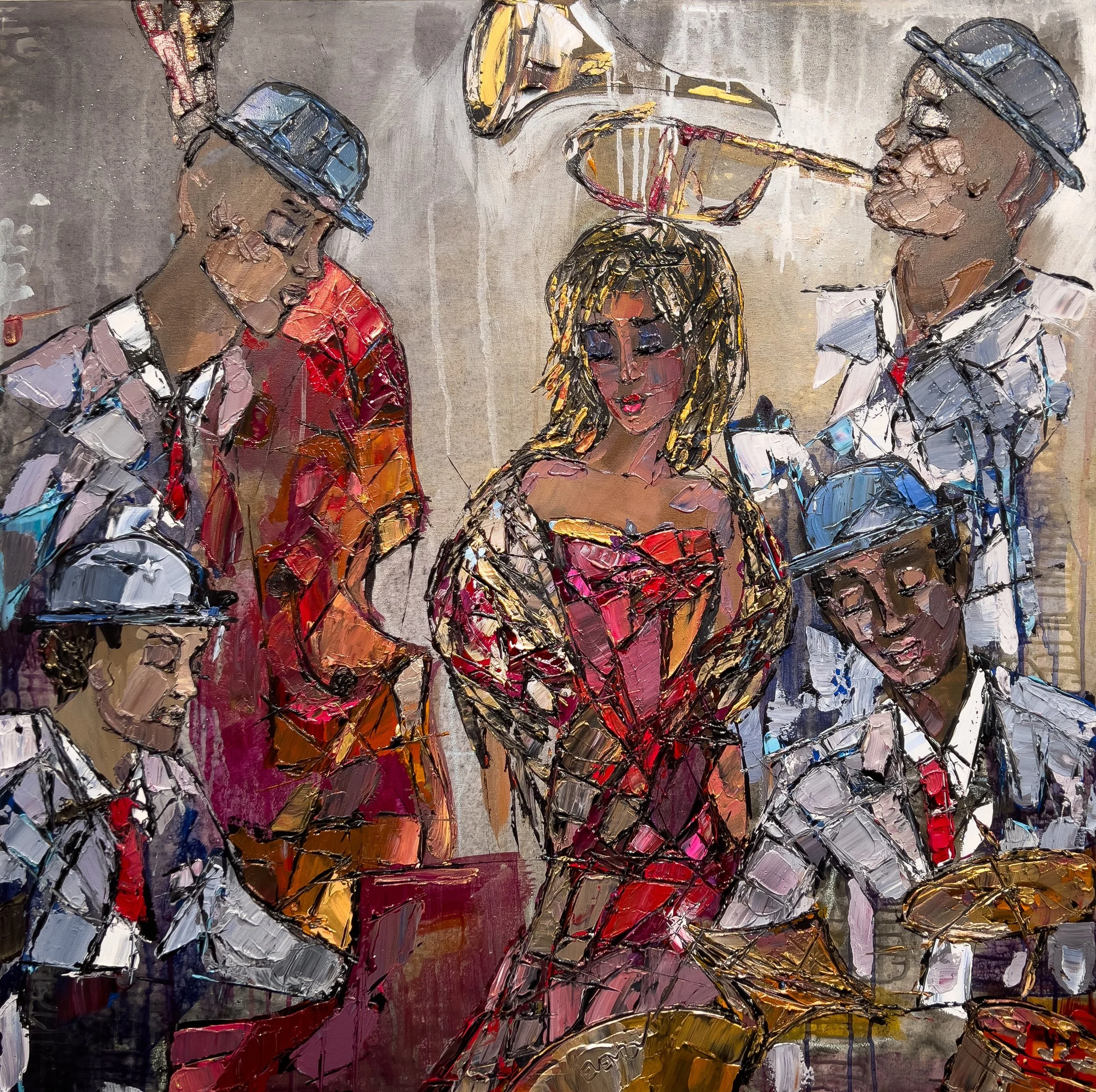 An abstract painting of four people wearing hard hats, with three of them having their eyes closed. The central figure is a woman with blonde hair, and the other three are men with darker hair. The scene has vibrant colors and bold brush strokes, emp