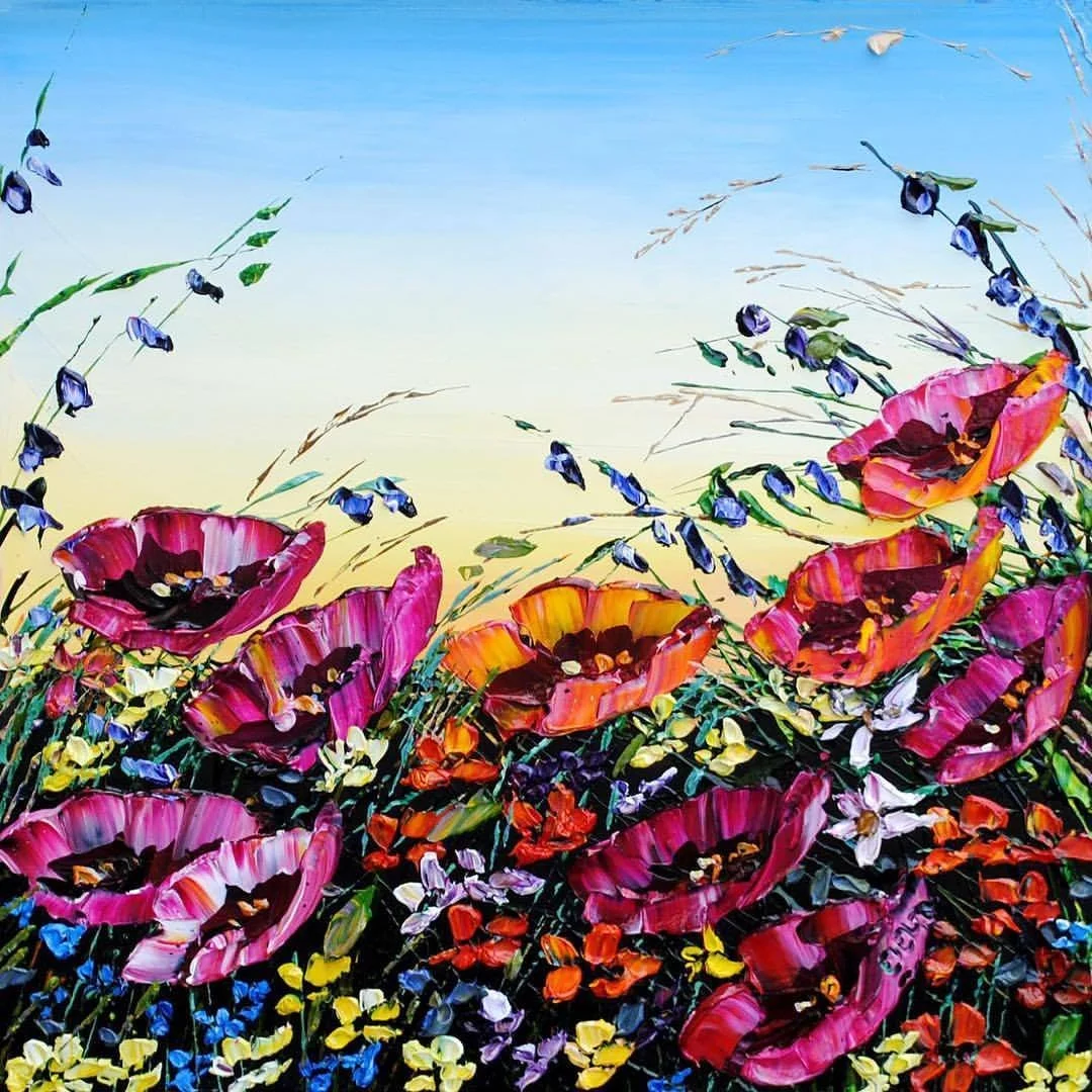 A vibrant floral painting by Maya Eventov, rendered in her signature palette knife impasto technique. Layers of acrylic build texture and depth across a lush wildflower meadow, alive with butterflies and rich color. Part of Eventov's ongoing floral s