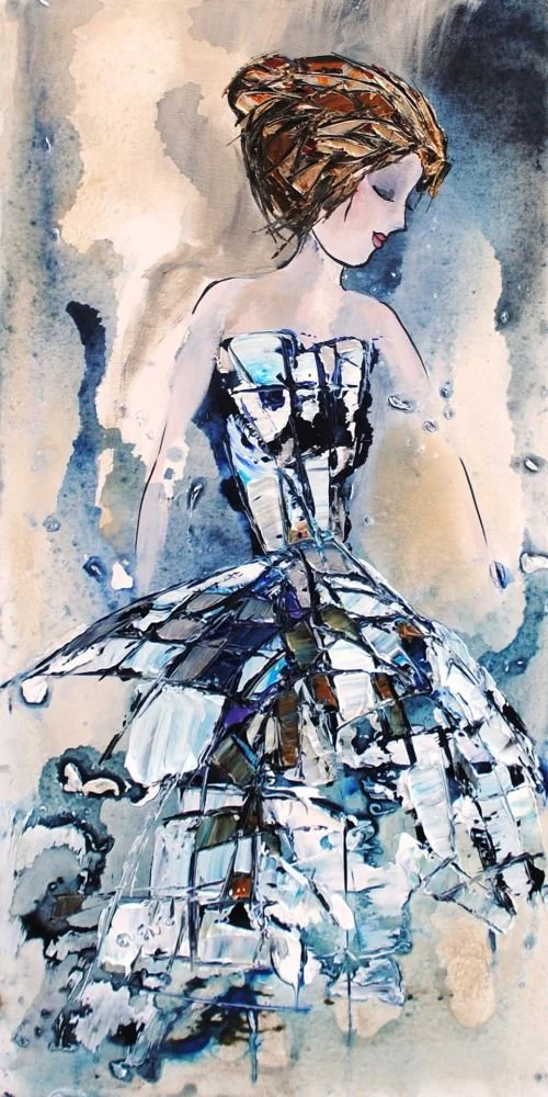 Watercolor painting of a woman with short brown hair wearing a dress made of reflective mirror-like pieces, with her eyes closed and head turned to the side.