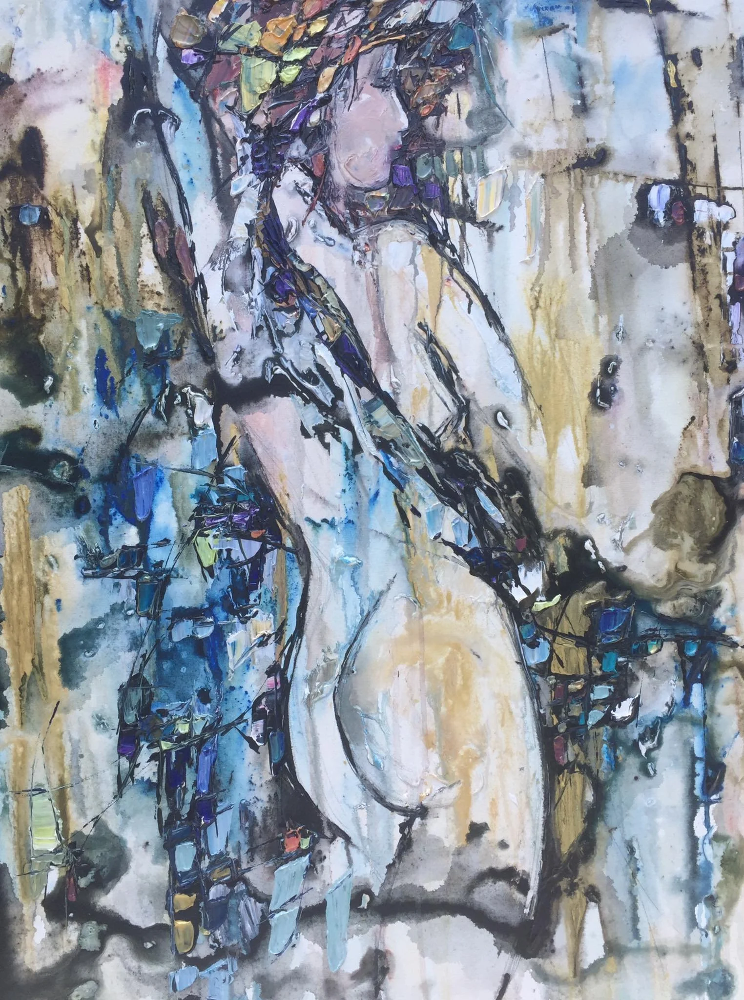 An abstract painting of a woman with dreadlocks, shown in profile, with her hand on her head. The artwork uses bold strokes, mixed colors, and a textured style.