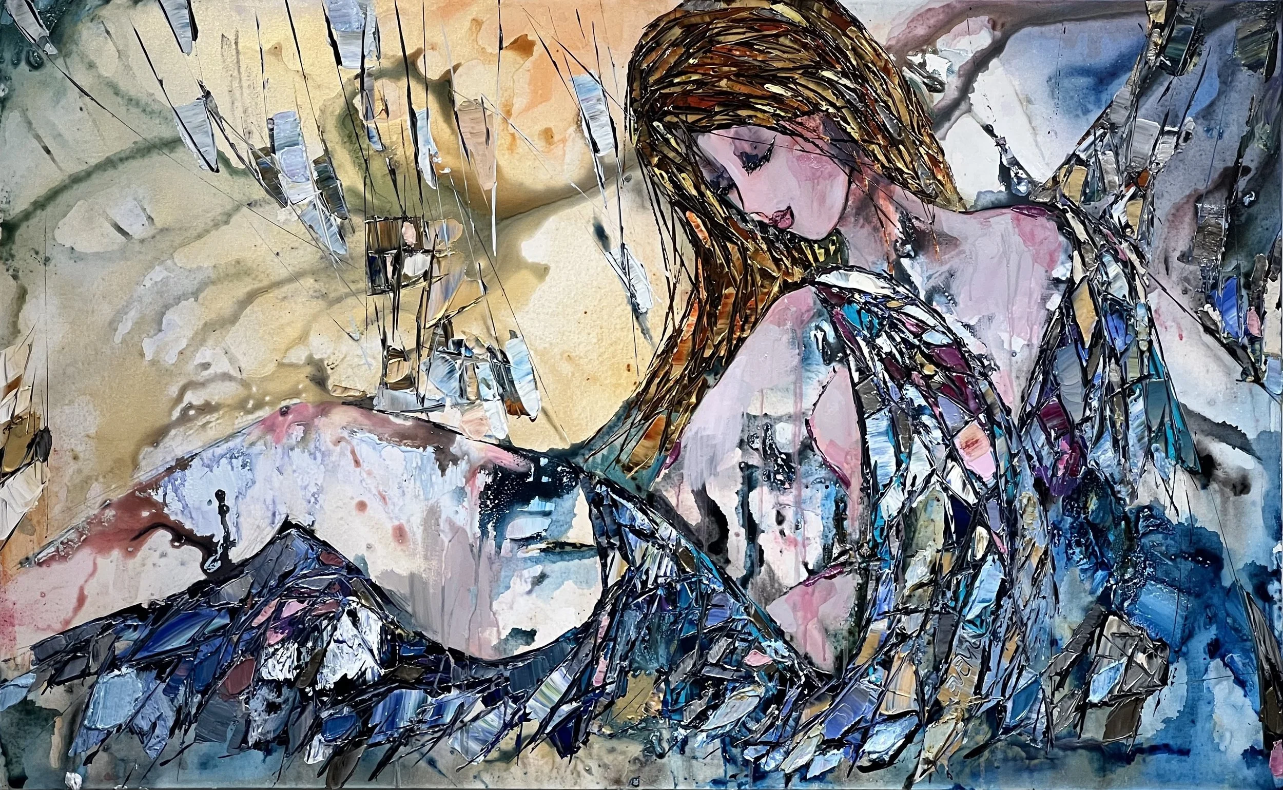 An abstract artwork depicting a woman with long hair, with a focus on her face and upper body, created using mixed media including textured and reflective materials, in a colorful and expressive style.