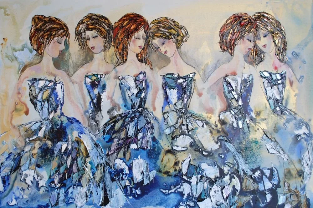 A painting of five women with similar features, wearing strapless dresses with abstract designs, sitting side by side with their heads slightly tilted.