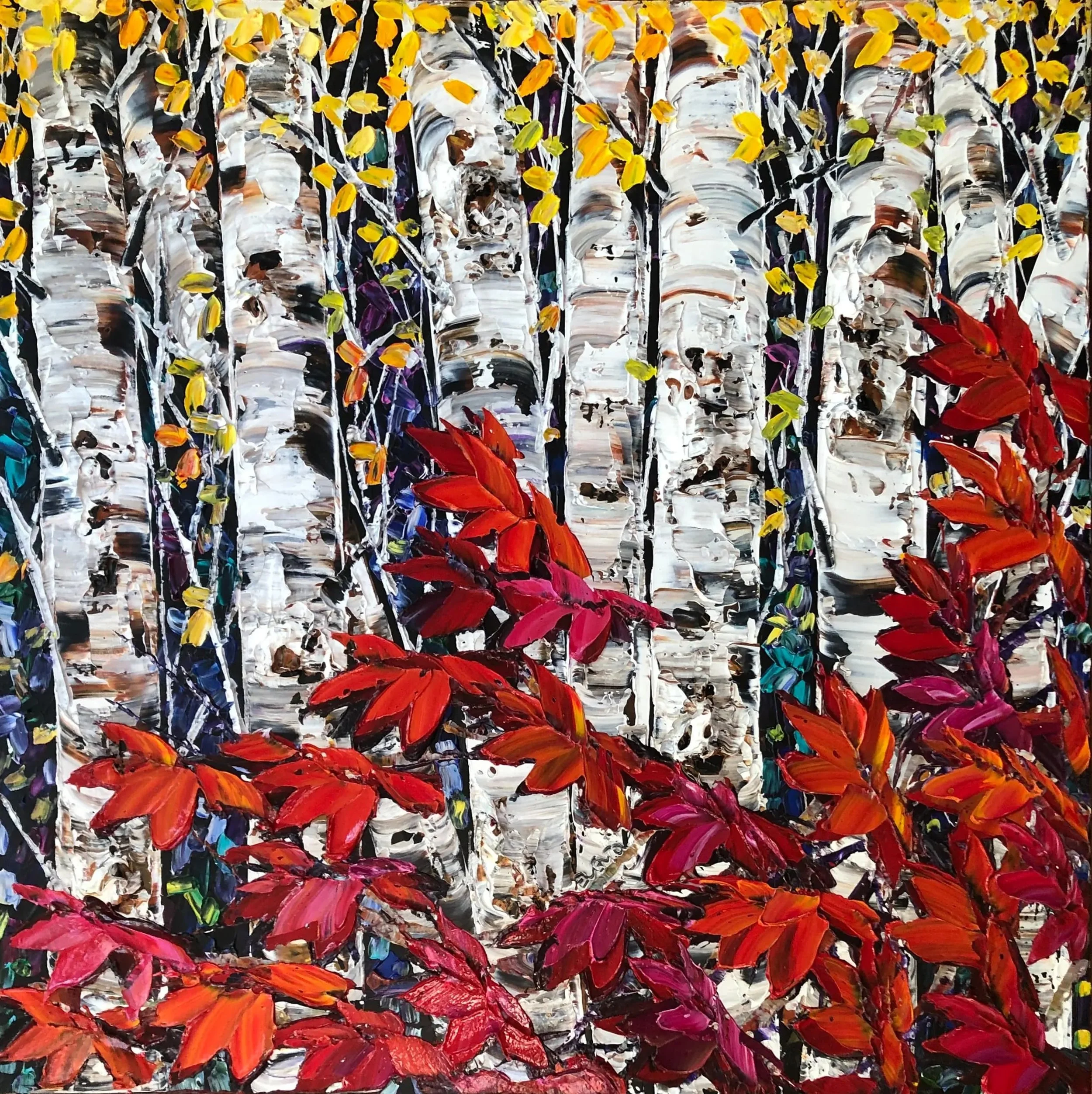 A colorful abstract painting of a forest scene with white birch trees, red and orange leaves, and yellow and purple flowers, created with thick, expressive brushstrokes.