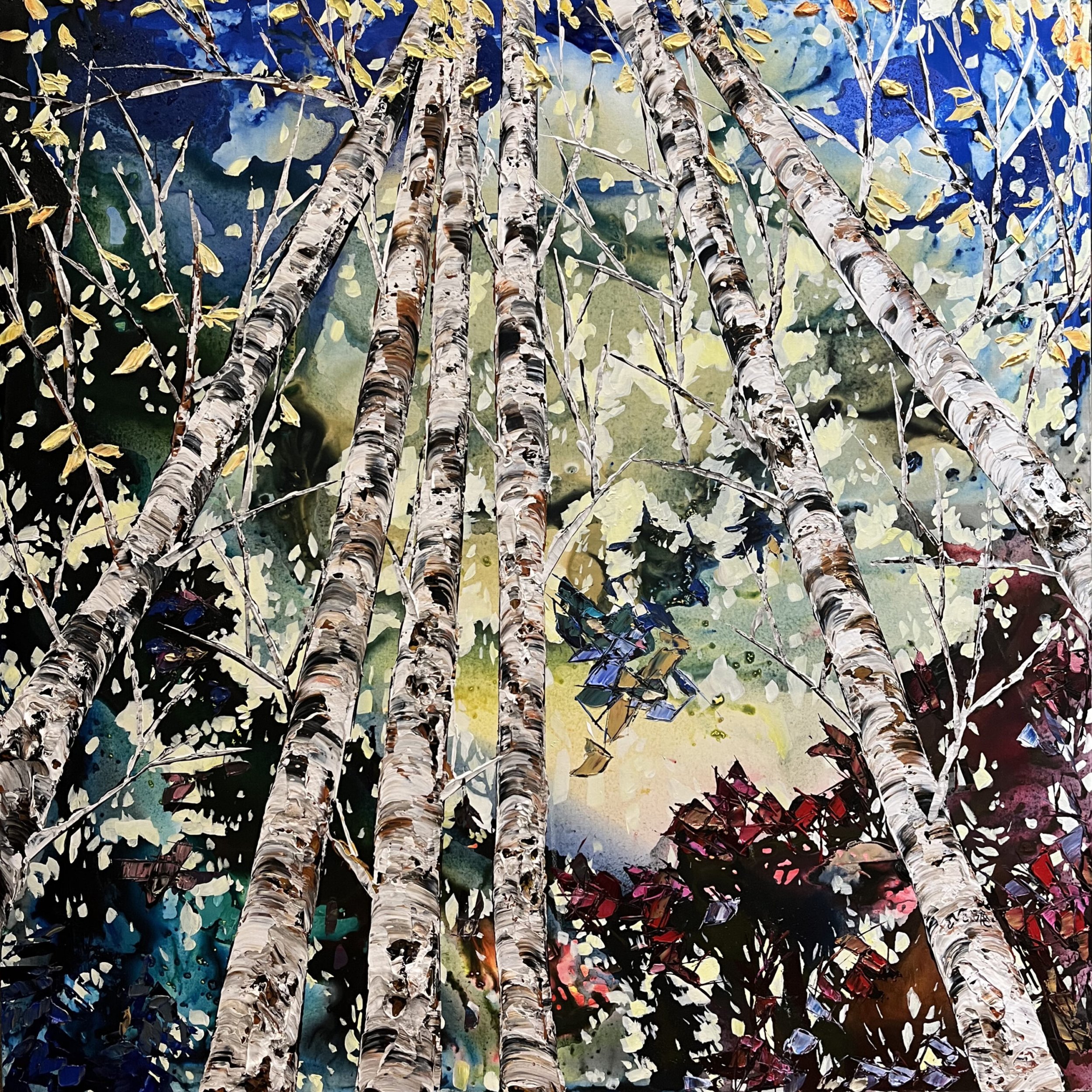 Maya Eventov palette knife painting of birch trees looking upward through a moody blue and green forest, with autumn leaves and red foliage below
