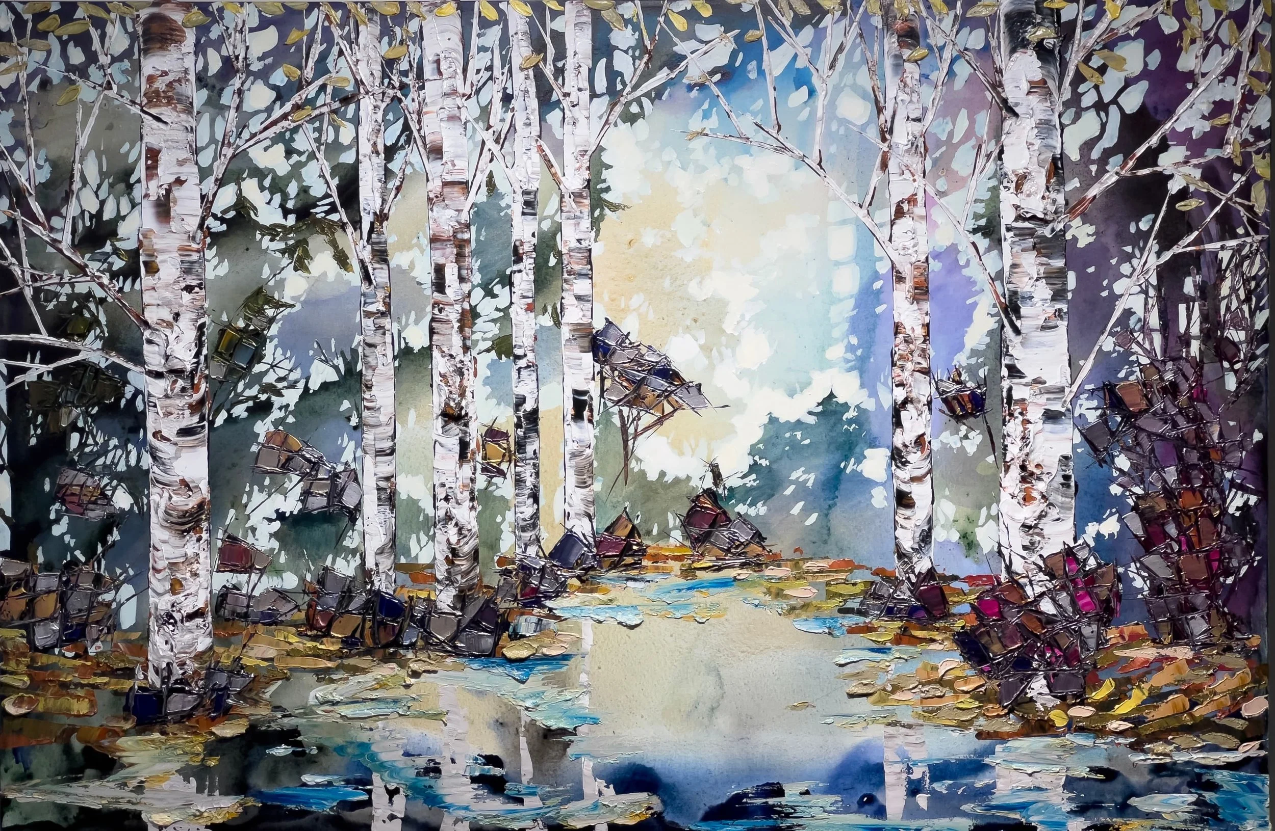 Maya Eventov acrylic palette knife painting of birch trees in a forest clearing with shifting layers of vivid color and a glowing light