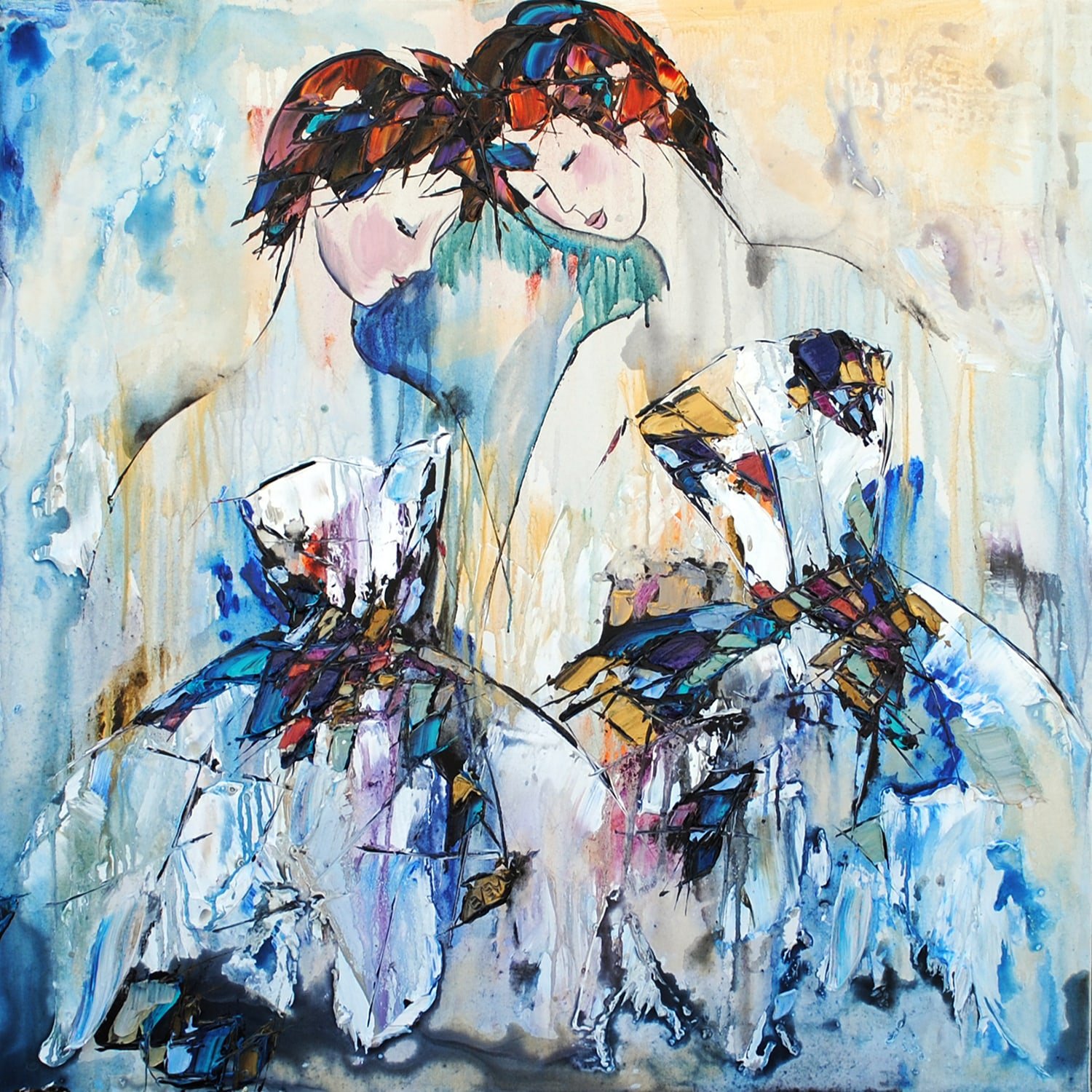 An abstract painting of two women with short hair, facing each other, with their heads touching. The women are depicted with colorful, loose brushstrokes, and the background features a blend of soft pastel shades.