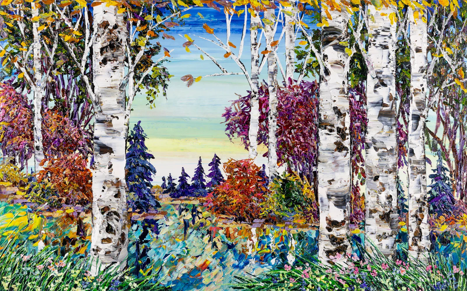 An impressionist painting of a forest scene with birch trees, colorful bushes, and a distant lake under a partly cloudy sky.