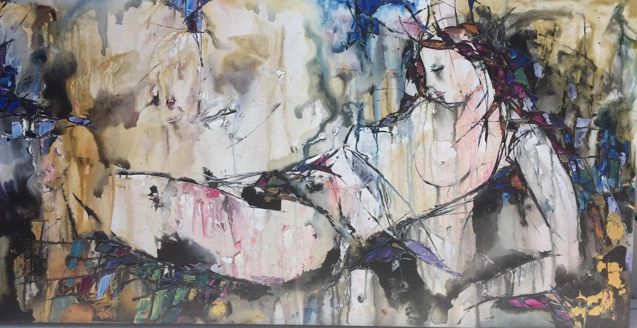 A watercolor painting of two women, with soft facial features, dressed in white, surrounded by abstract geometric lines and colorful patches. The background includes muted tones of beige, gray, and brown with splashes of color and abstract details.