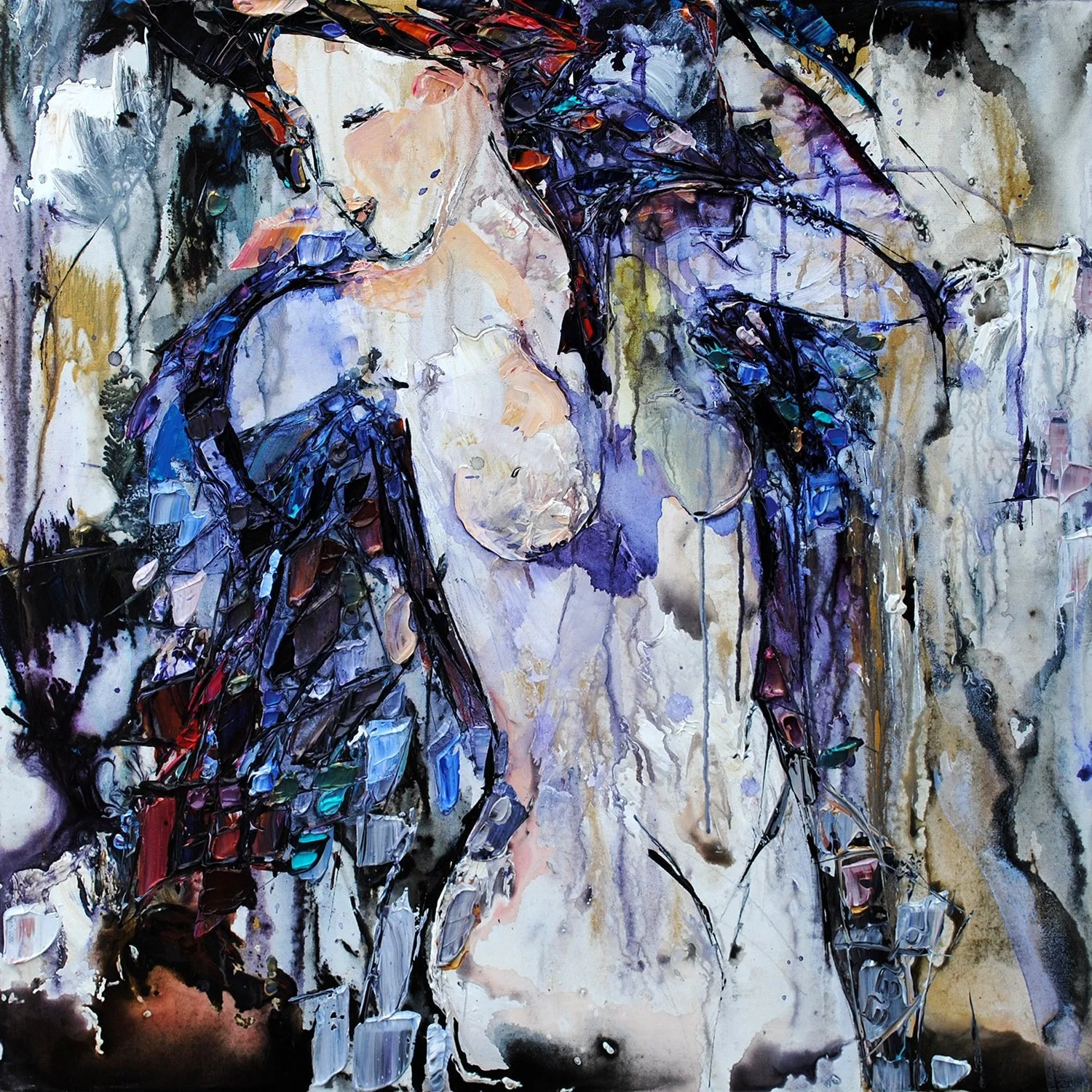 Abstract painting in vibrant colors with bold black lines and textured brushstrokes.