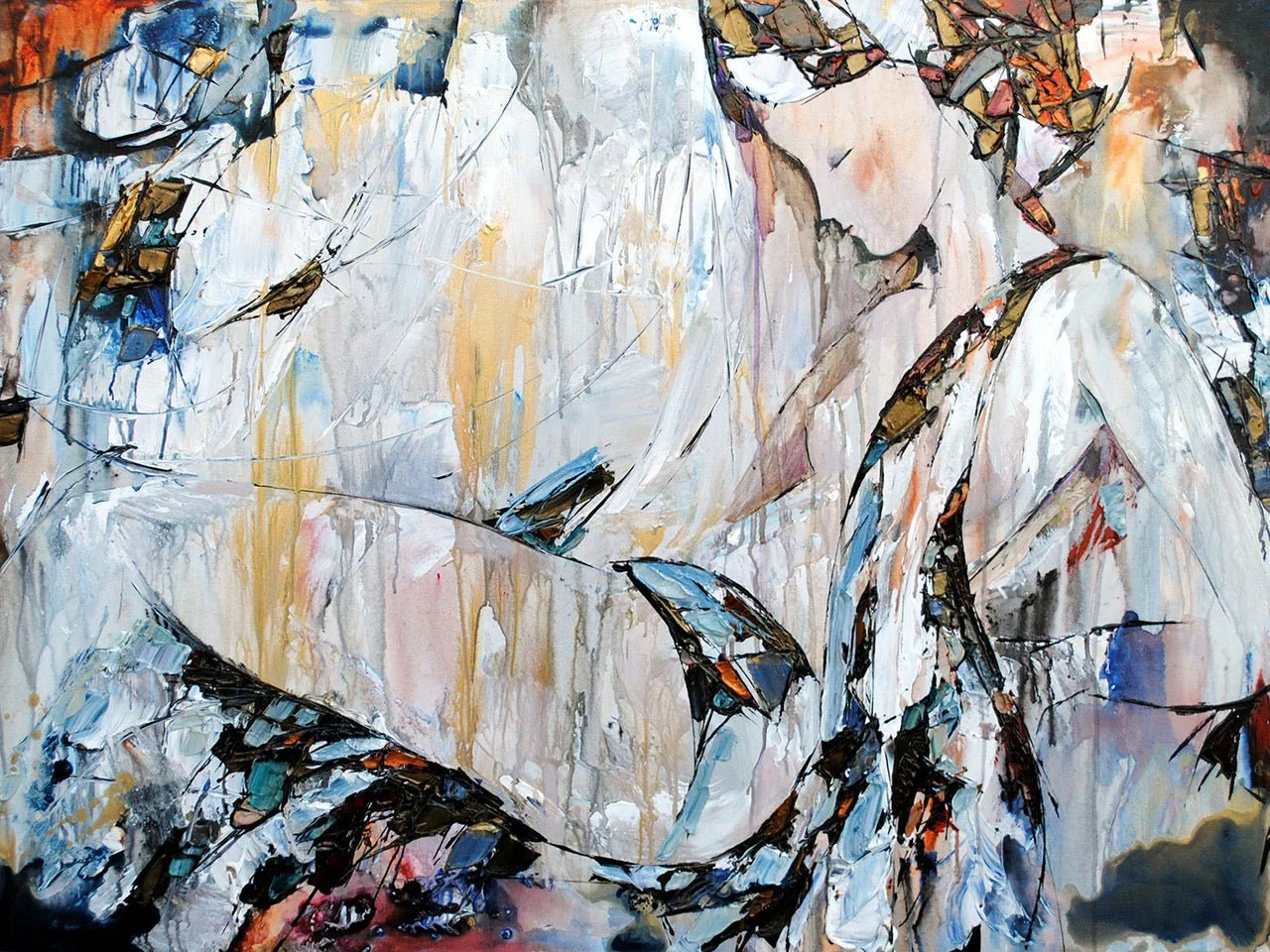 Abstract painting of a naked woman with flowing hair, surrounded by colorful brushstrokes and black lines.