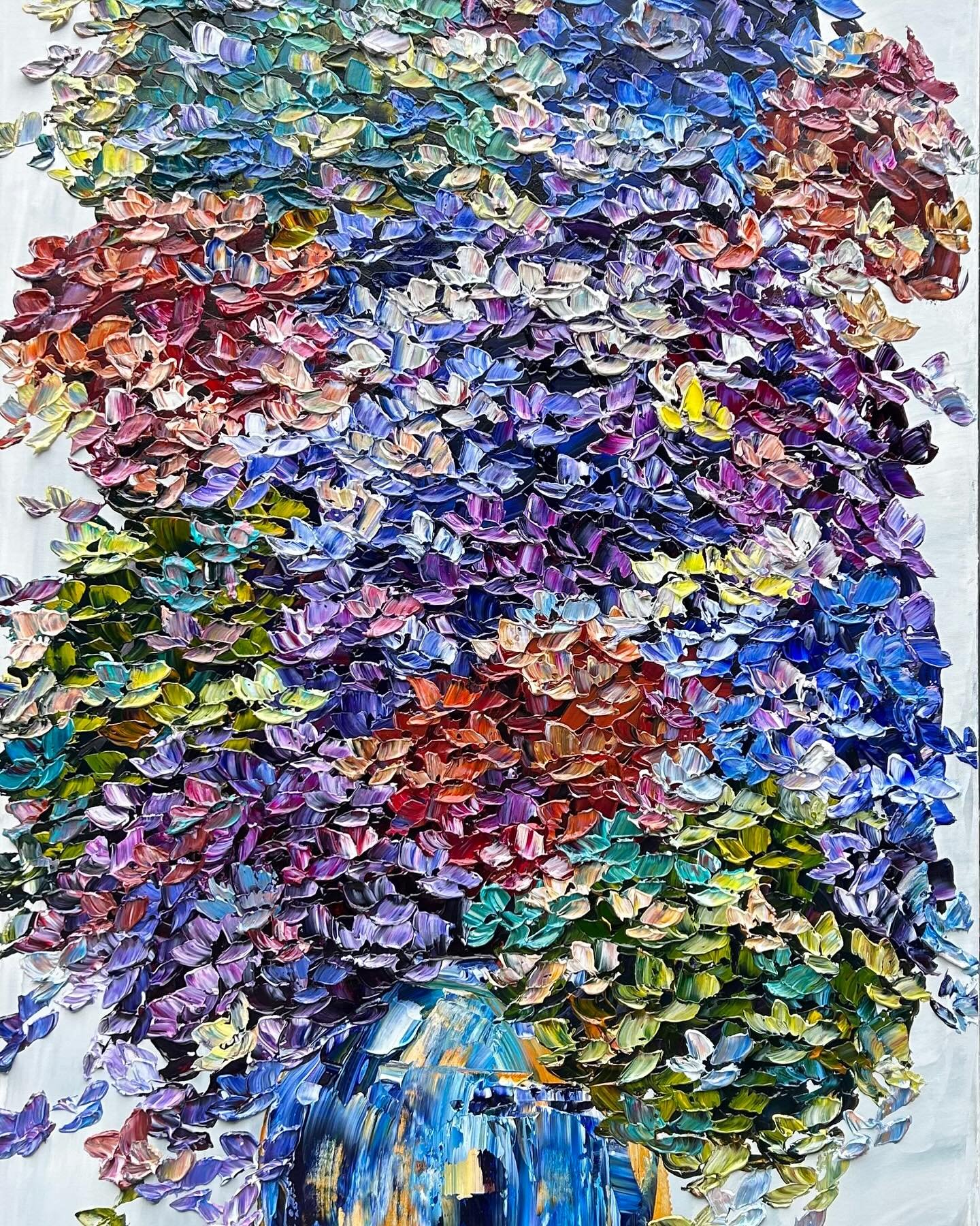 Abstract oil painting with vibrant colors, textured brush strokes, featuring a rainbow of hues including blues, purples, pinks, reds, greens, yellows, and whites.
