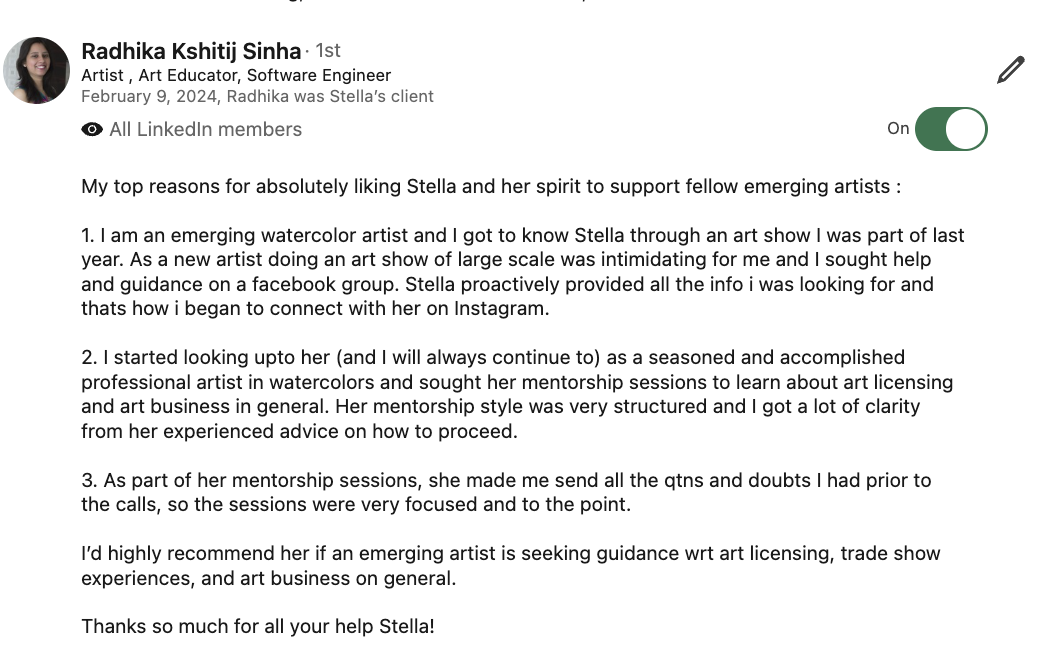 Screenshot of a LinkedIn recommendation for Stella, praising her mentorship and support for an emerging watercolor artist.