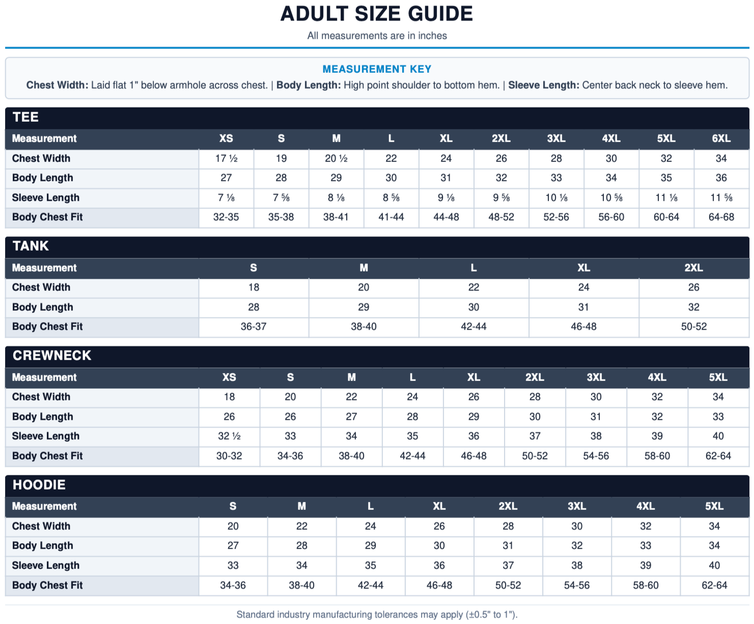 Adult Size Guide