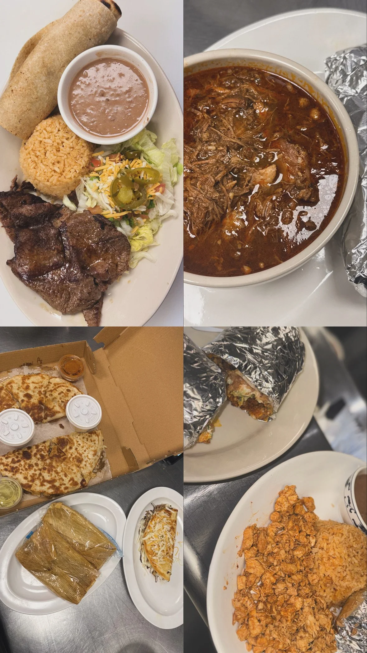 A collage of four meal photos: top left shows a plate with a burrito, rice, shredded lettuce, jalapenos, a taco, and a cup of brown sauce; top right shows a bowl of shredded beef chili; bottom left shows a pizza in a takeout box, and a slice on a plate; bottom right shows fried chicken with a flaky crust.