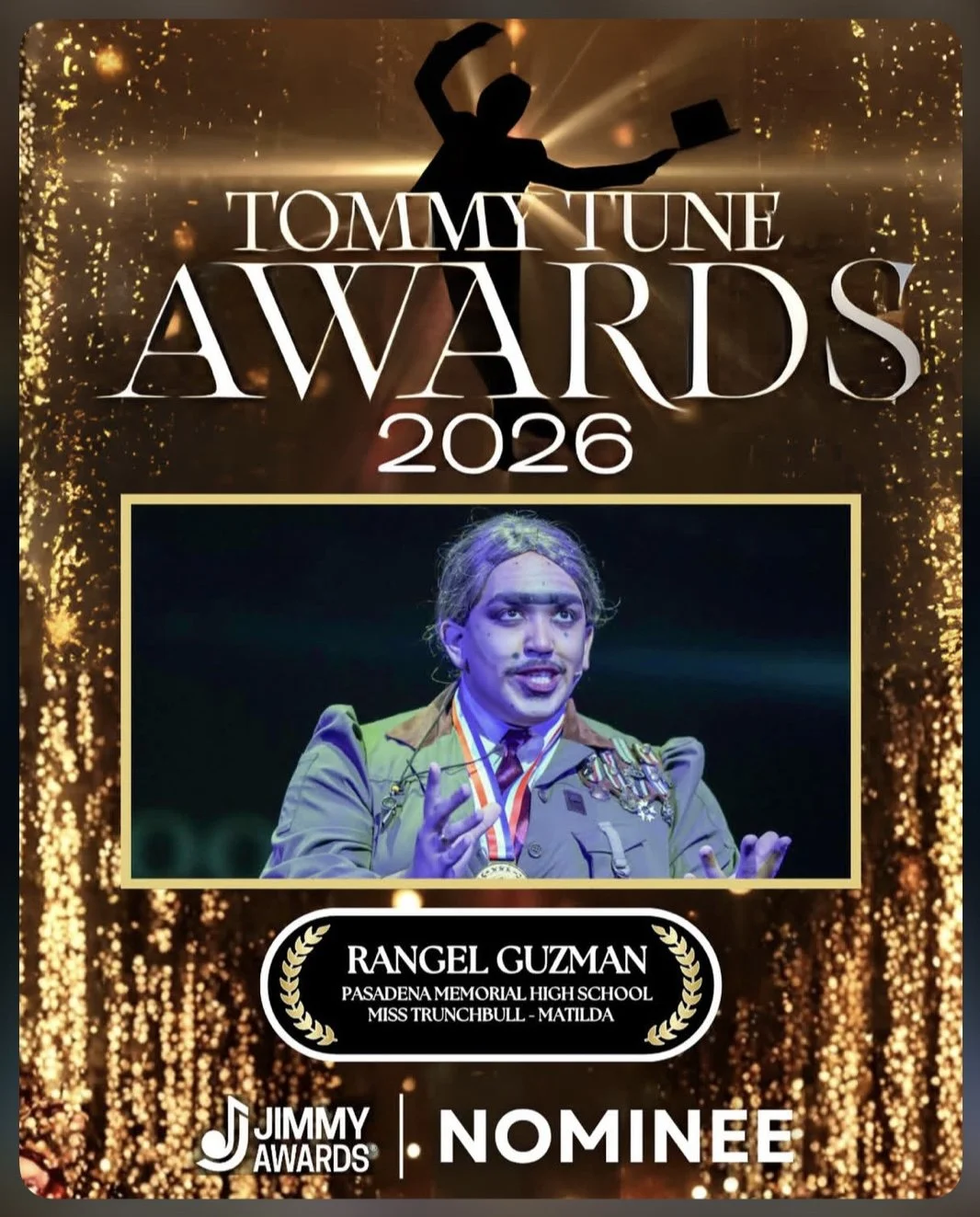 Award certificate for Rangel Guzman, a nominee at the 2026 Tommy Tune Awards, with a picture of a person in a military uniform wearing medals and a medal around his neck.