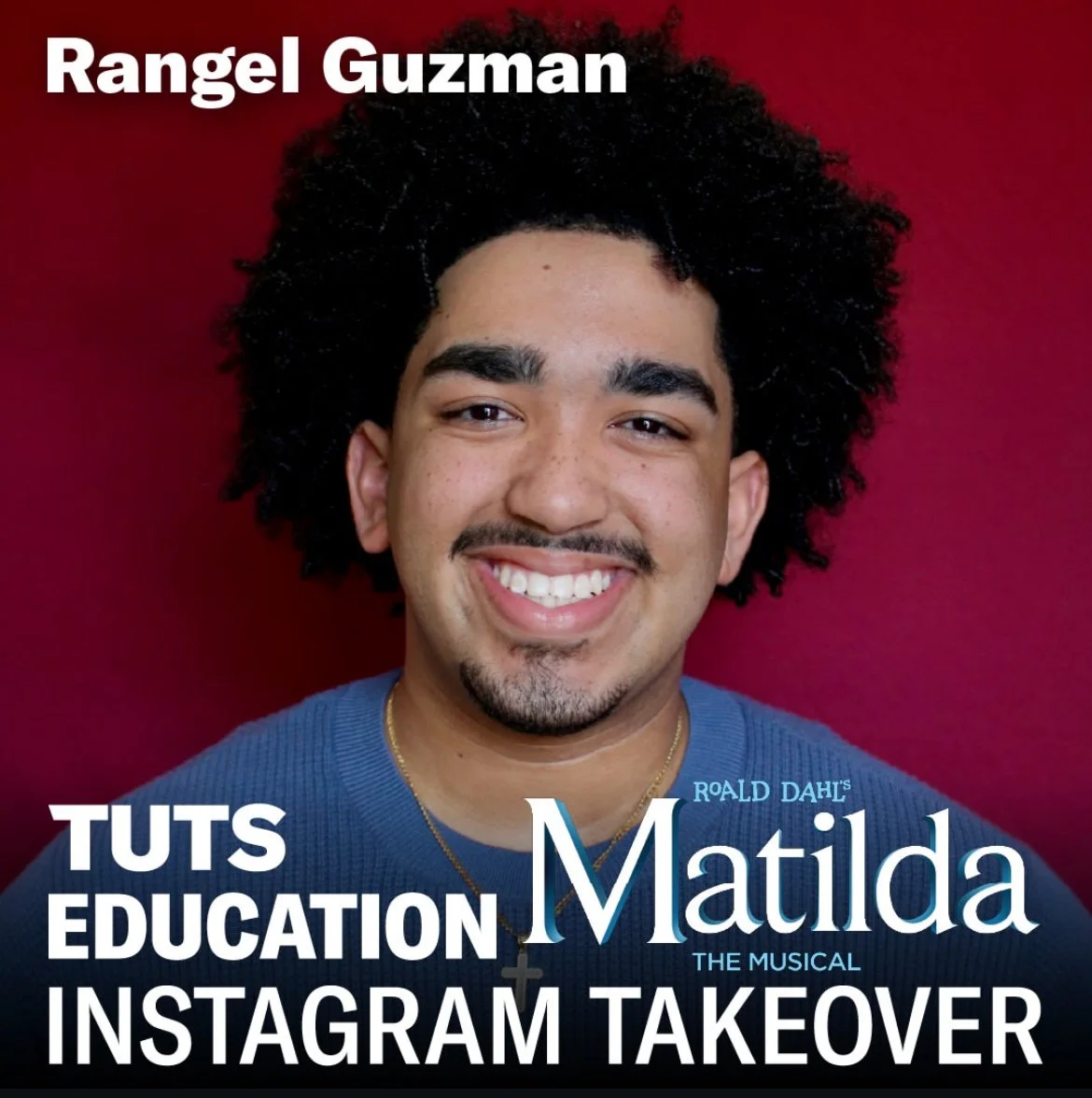 Promotional poster for Roald Dahl's Matilda the Musical featuring Rangel Guzman smiling with curly hair and text highlighting the event.