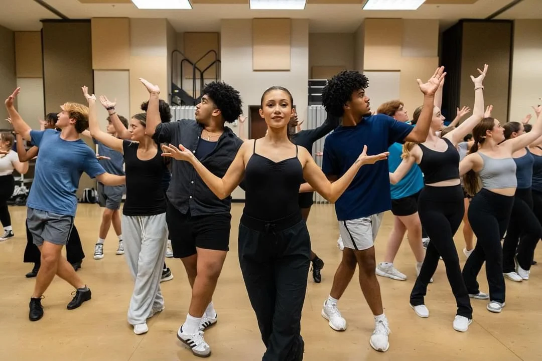 A diverse group of people participating in a dance class or rehearsal in a studio, with arms raised and expressive movements.
