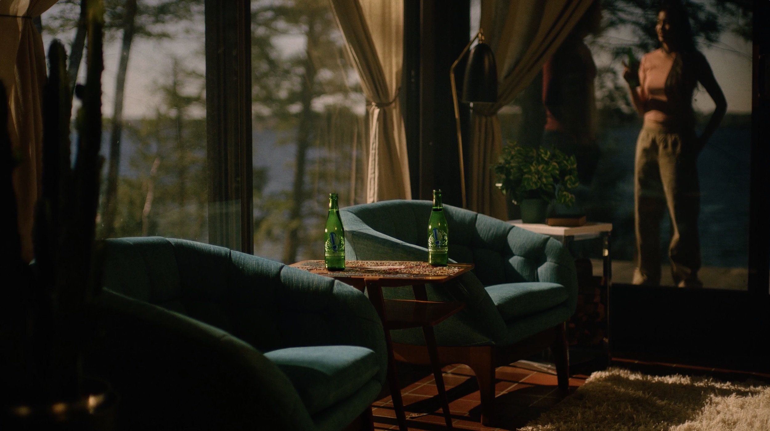 Living room with two blue sofas, a small round wooden table with two green bottles, a potted plant, window with curtains, two women standing outside, one holding a drink, during sunset.