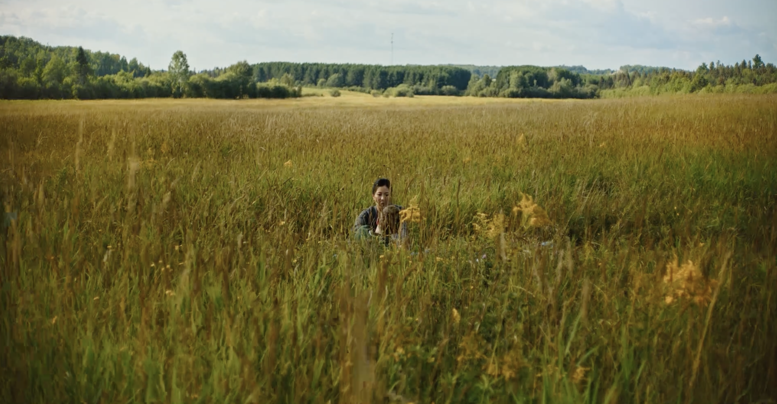 A woman sits among tall yellow grass in a wide open field with trees and a cloudy sky in the background.