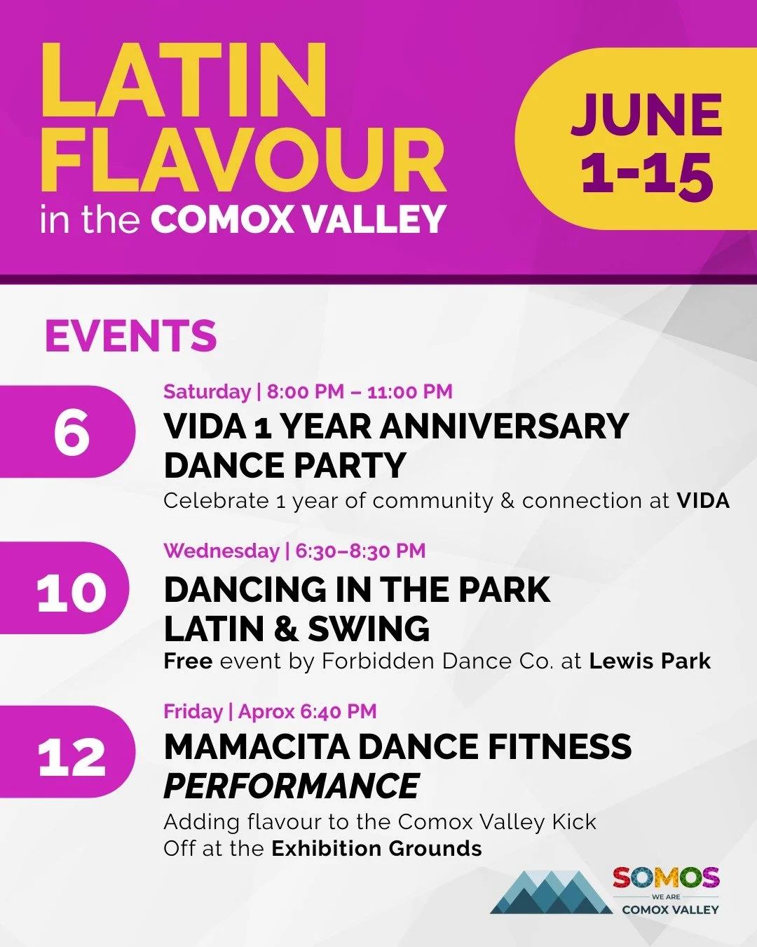 Looking for some Latin flavour in your life? 💃🌎

Here's what's happening in and around the Comox Valley over the next two weeks.

Whether you'd like to learn some new dance moves, practice your Spanish, celebrate with the community, or cheer on you