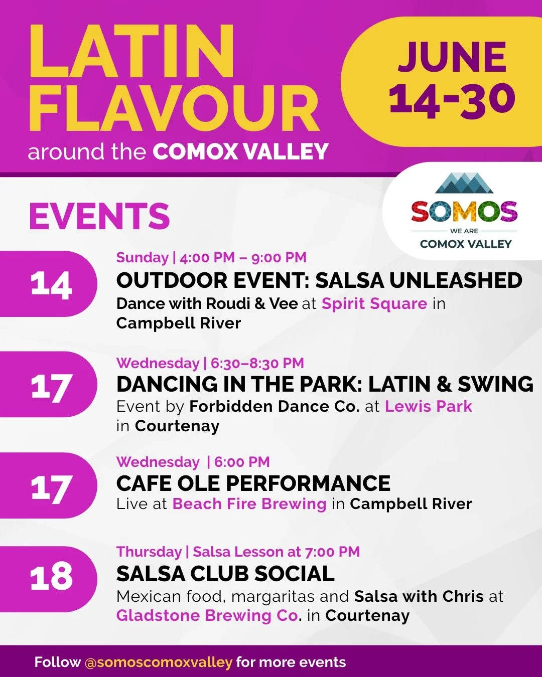 Looking for some Latin flavour in your life? 💃🌎

Here&rsquo;s what&rsquo;s happening in and around the Comox Valley from June 14&ndash;30.

The second half of June is BUSY, with lots of ways to connect, celebrate, and enjoy Latin culture across the