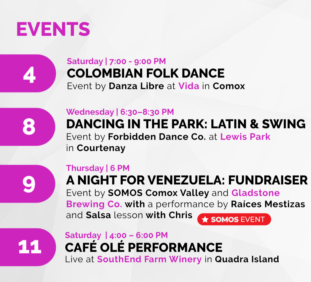 List of upcoming events with dates, times, and descriptions, including Colombian folk dance, dancing in the park, a fundraiser for Venezuela, and a performance at a winery.