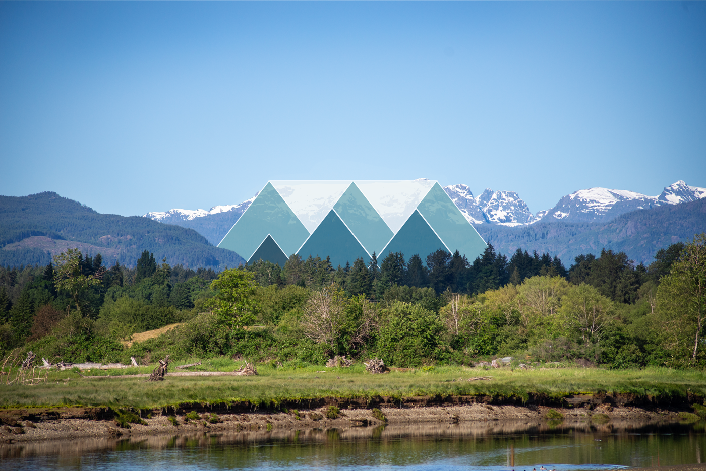 A landscape of green forest and river with snow-capped mountains in the background, featuring a large stylized digital graphic of mountain peaks superimposed over the scenery.
