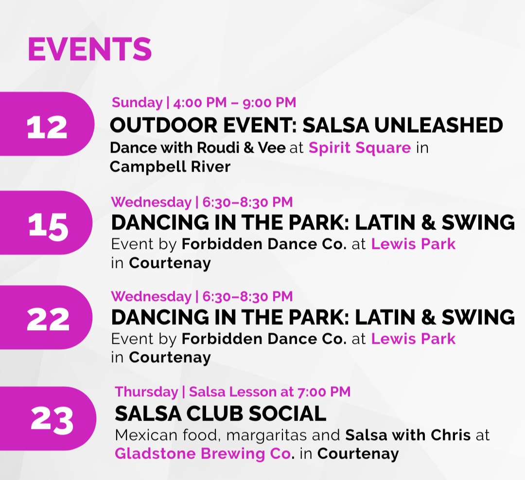 Schedule of community dance events listing dates, times, event titles, descriptions, and locations including outdoor salsa, Latin swing dancing, and salsa lessons at local parks and breweries.