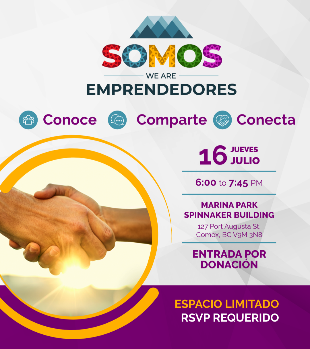 Flyer for an event titled 'Somos Emprendedores' with the words 'Conoce, Comparte, Conecta' and a photo of two hands shaking with the sun in the background. Event details include date, time, location, and invitation for donation-based entry.