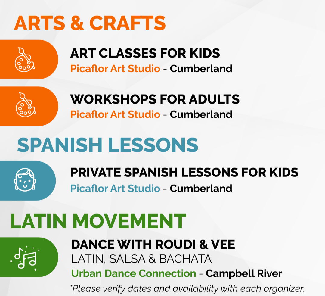 Flyer for arts and crafts, language, and dance classes at Picaflor Art Studio in Cumberland. Offers art classes for kids, workshops for adults, private Spanish lessons for kids, and Latin dance classes. Includes contact details and notes to verify dates and availability.