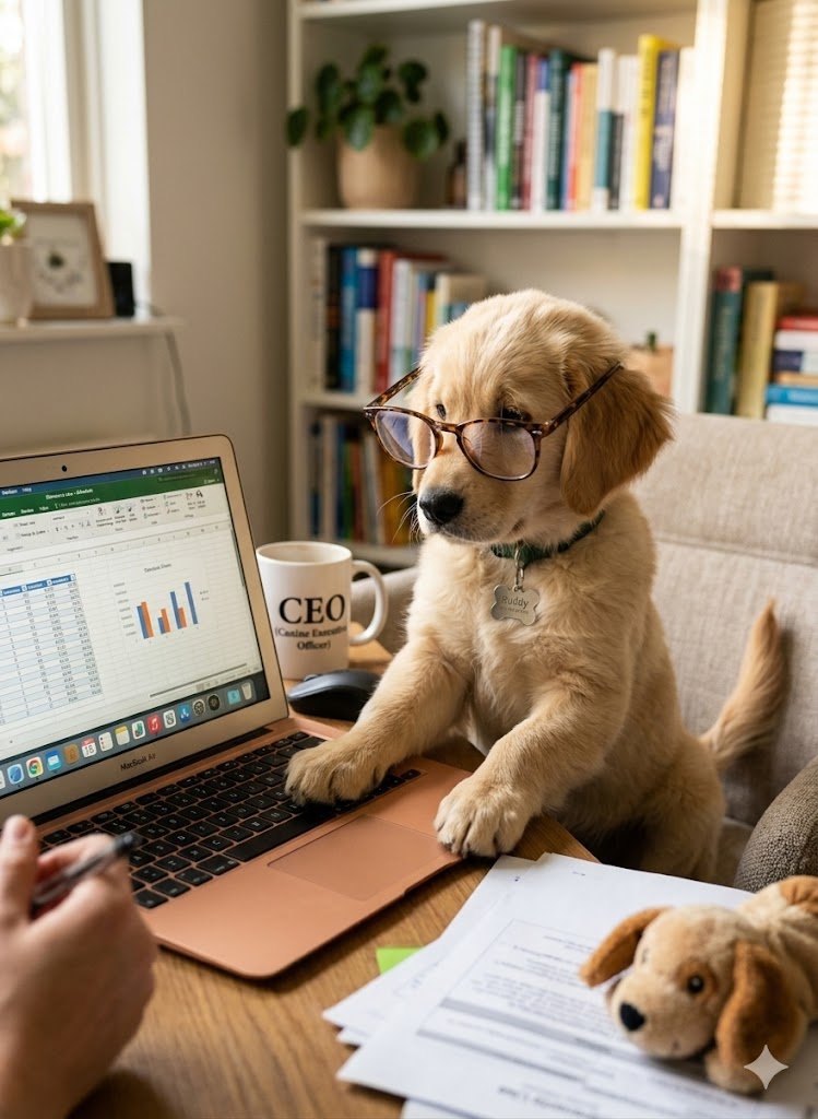 Golden Retriever puppy die een online afspraak inplant voor zichzelf.