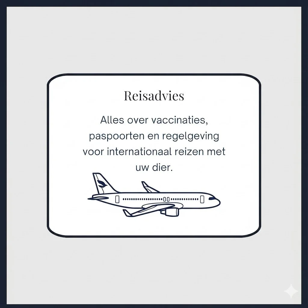 Informatiemap over reizen met een vliegtuig, met informatie over vaccinaties, paspoorten en regelgeving voor internationale reizen met huisdieren, inclusief een eenvoudige tekening van een vliegtuig.