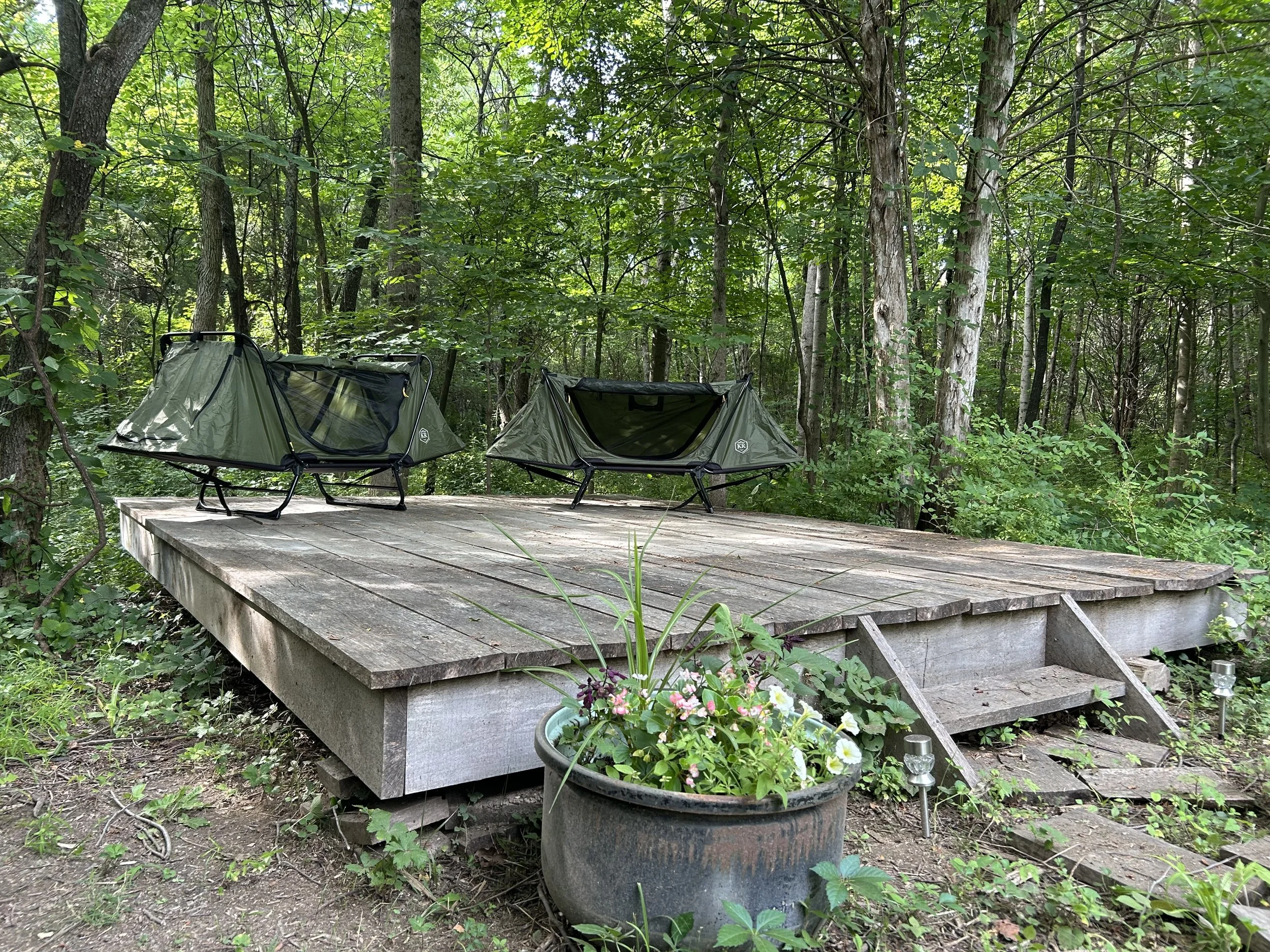 Primitive campsite with wooden deck, firepit, table, and swing.