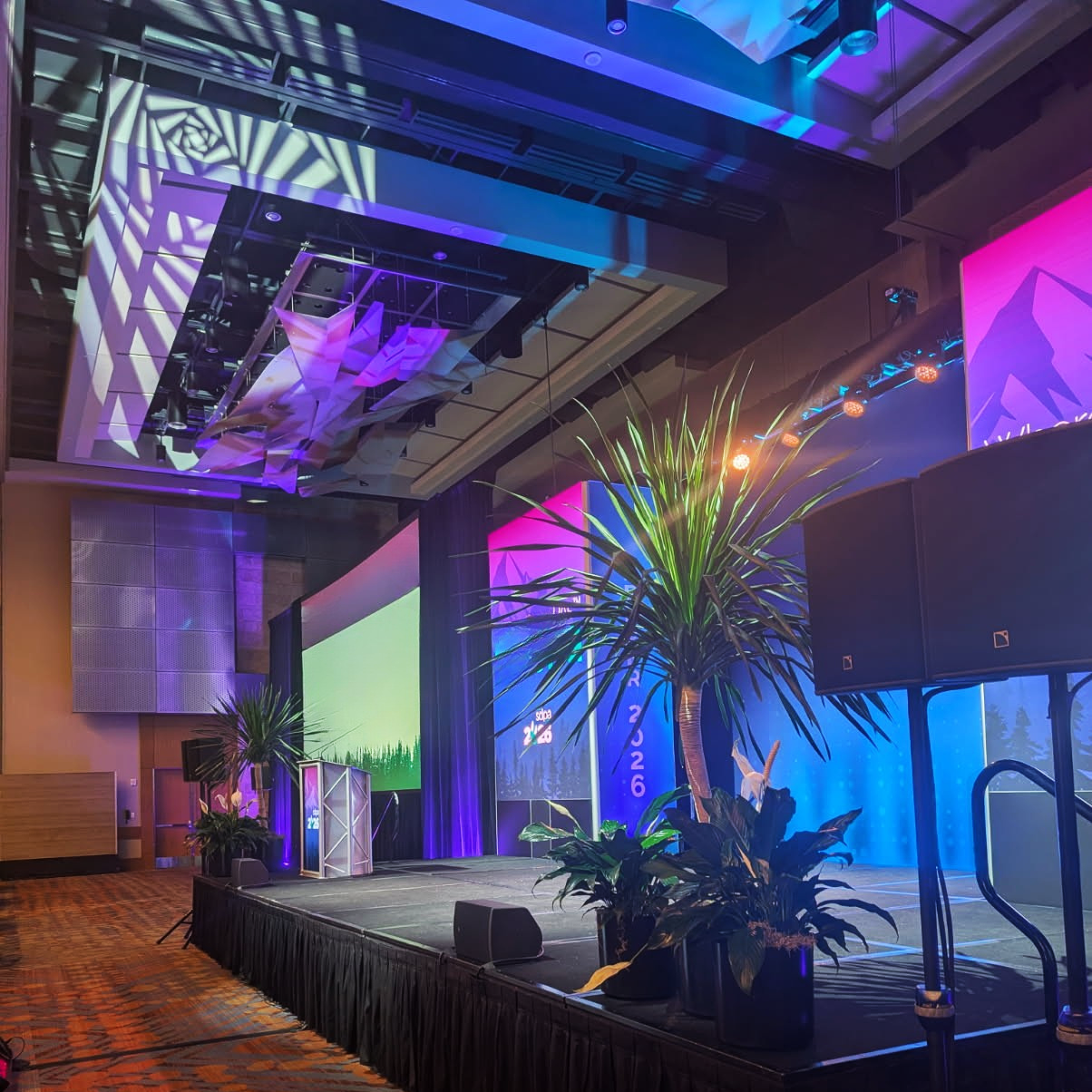 An indoor event venue with a stage, large screen, and vibrant colorful lighting. There are potted plants on the stage, and the ceiling has decorative projection patterns.