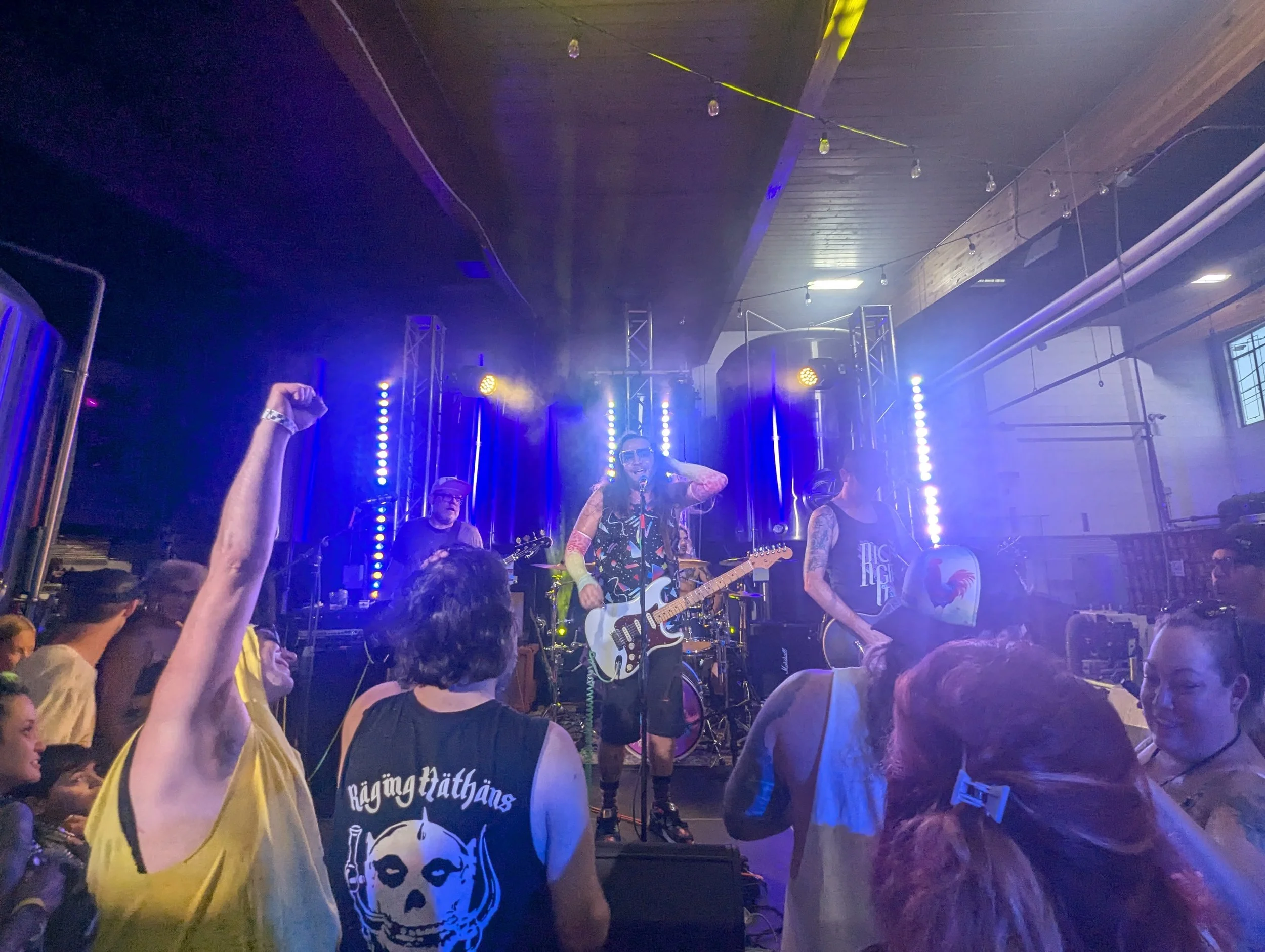 A live band performs on stage at a concert, with audience members dancing and raising their arms in front of the stage, illuminated by stage lights and surrounded by a dark indoor venue.