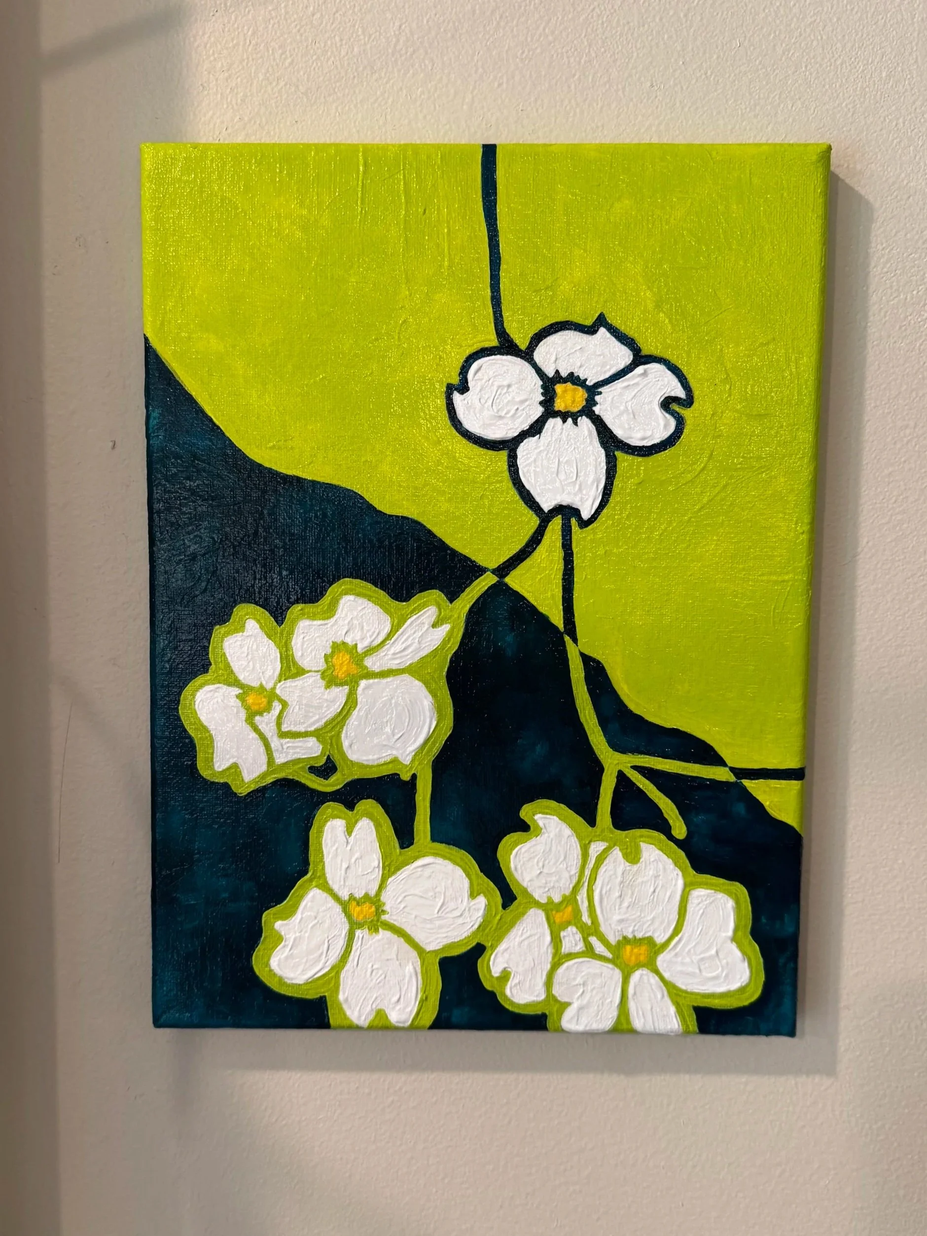 Painted canvas artwork depicting white flowers with yellow centers against a vibrant yellow, green, and dark blue background.