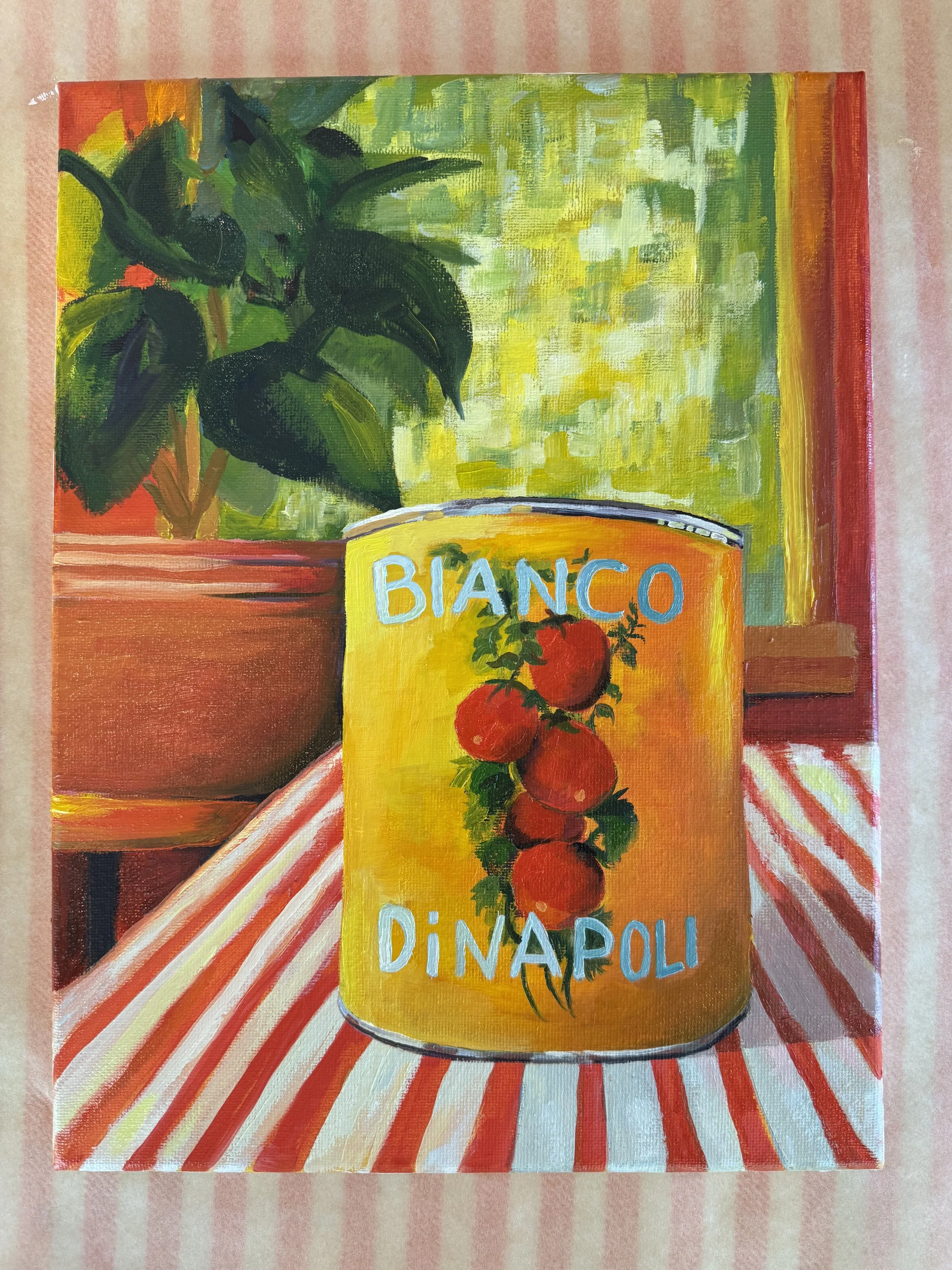 Painting of a can of Primo Dine-A-Pull tomato sauce with a bunch of tomatoes on the label, placed on a red and white striped tablecloth.