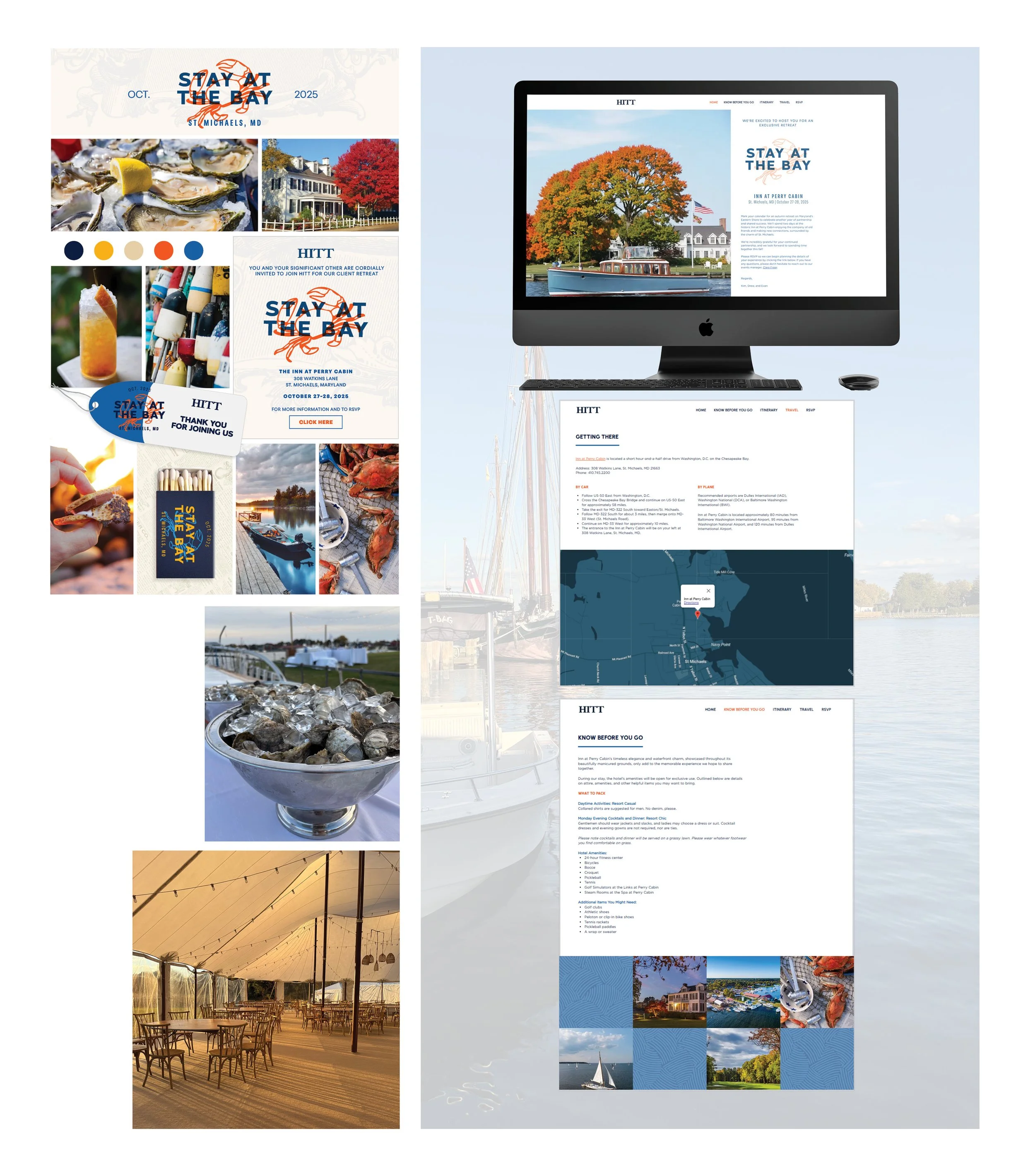 A digital advertisement for a stay at the bay event at St. Michaels, Maryland in October 2025, featuring images of oysters, a historic house, a colorful boat, a bottle of cocktail, a clam dish, a festival tent, and a coastal map.