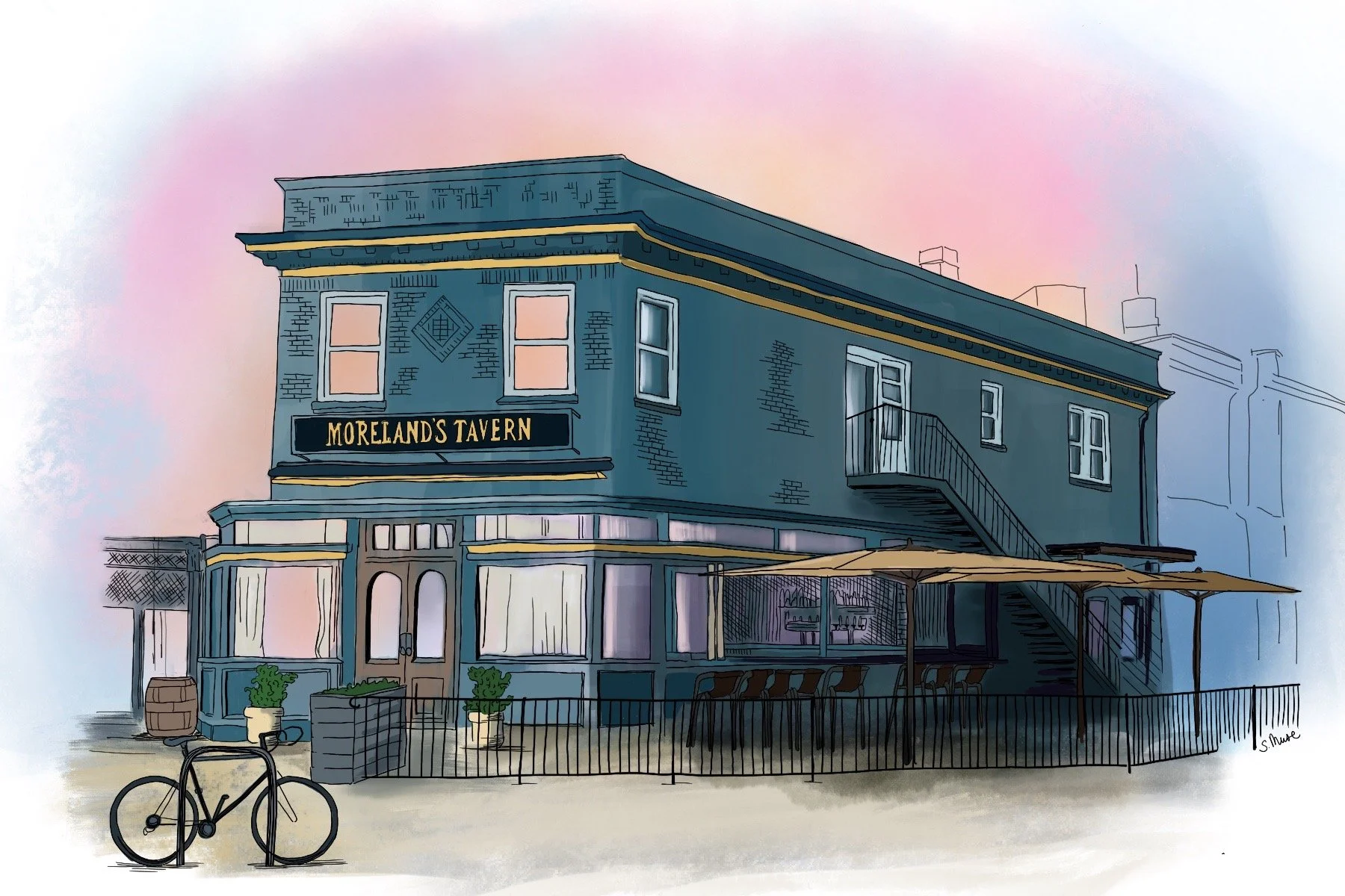 Illustration of Moreland's Tavern, a two-story building with an outdoor patio, umbrellas, potted plants, and a bicycle in the foreground, under a pastel sky.