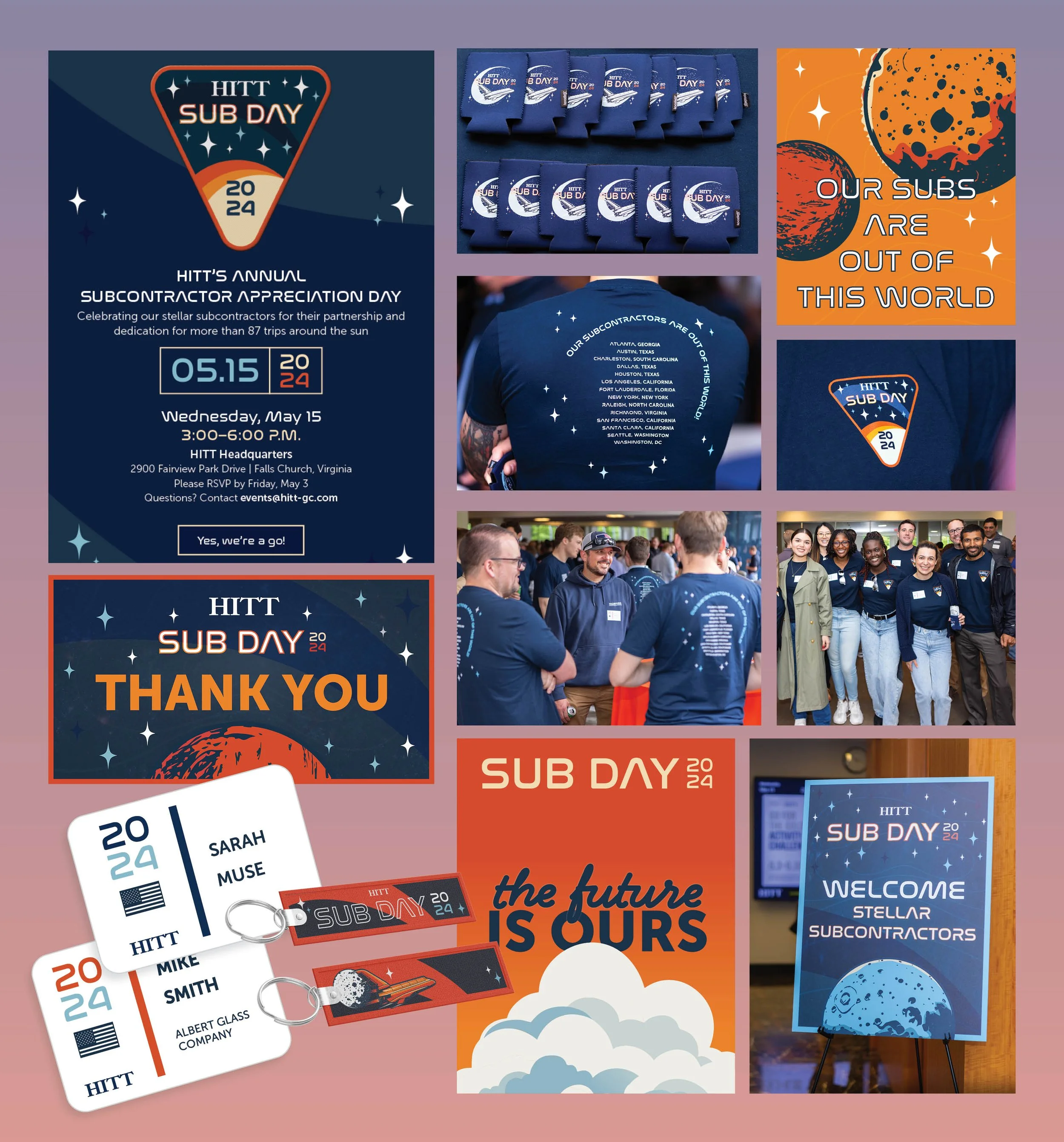 Event posters and promotional items for HITTs 2024 Sub Day, with details about date, time, location, and slogans emphasizing subcontractor appreciation and teamwork, including photos of event attendees and branding materials.