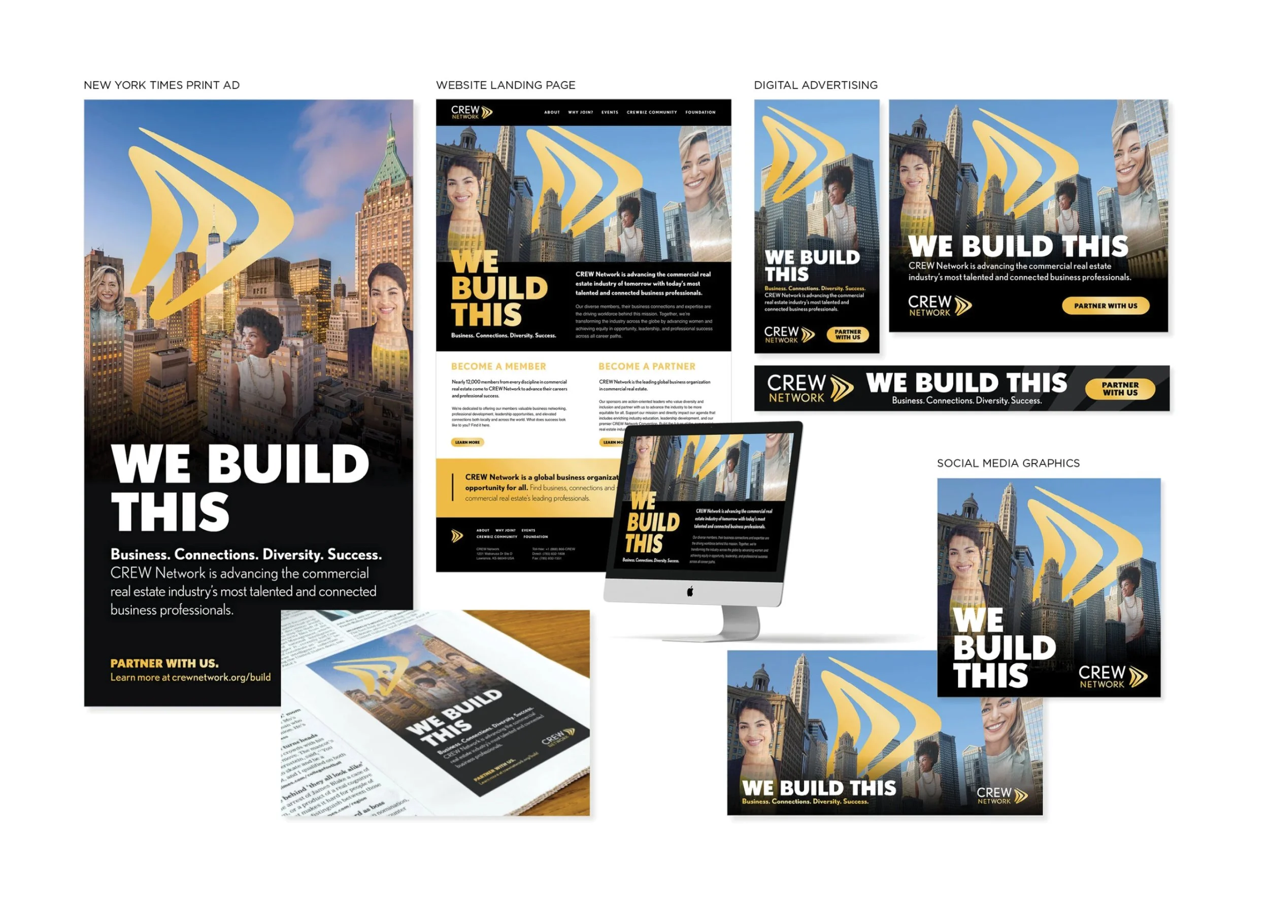 A collage of digital marketing materials for CREW Network, including a New York Times print ad, website landing page, and digital advertising banners, featuring cityscape backgrounds, smiling diverse women, and bold text saying "WE BUILD THIS" and "PARTNER WITH US."