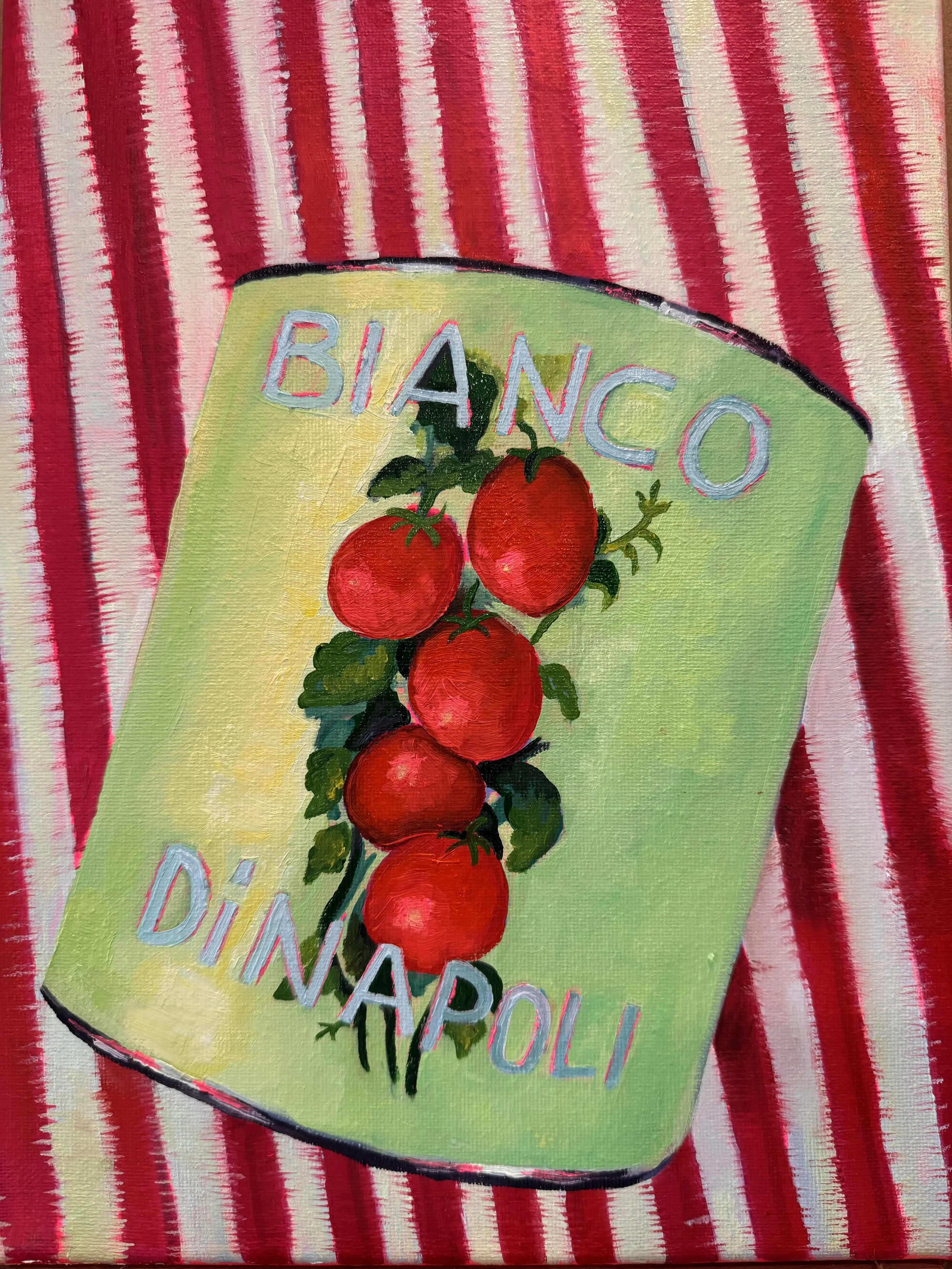 A colorful painting of a green sign with red tomatoes and the word 'BIANCO' written on top, with red and white striped background.
